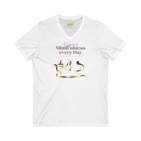 Embracing Mindfulness - Cat - Yoga - Unisex Jersey Short Sleeve V-Neck Tee