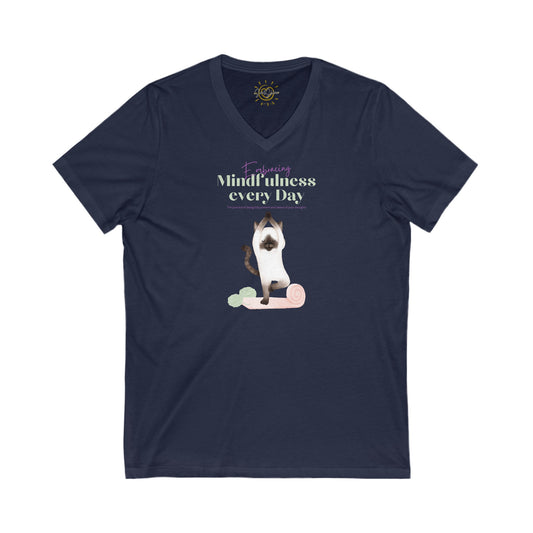 Embracing Mindfulness - Cat - Yoga - T-Shirt - Unisex Jersey Short Sleeve V-Neck Tee