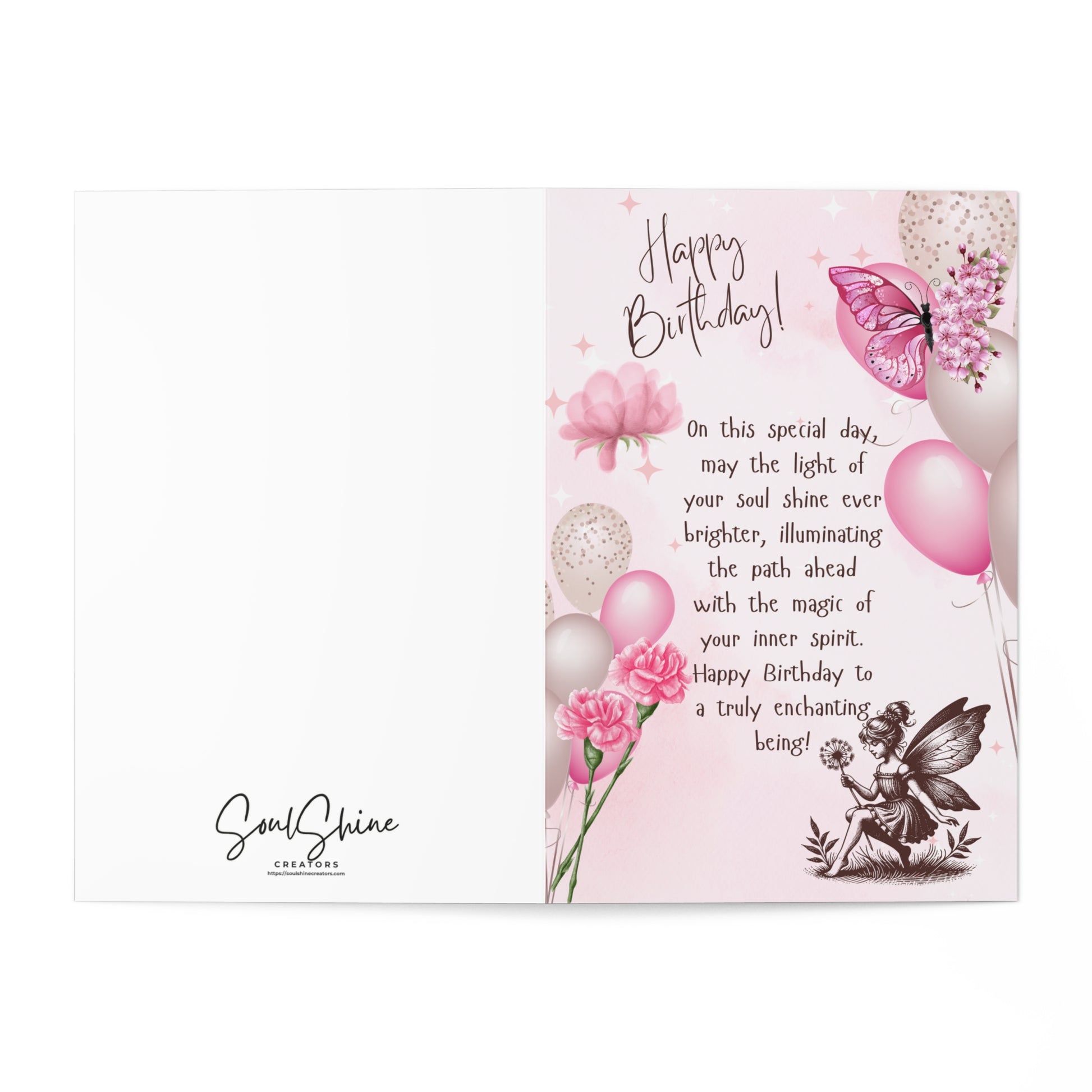 Happy Birthday Card to a Special Soul - Pink - Special Soul - Fairy - Baloons - Flowers