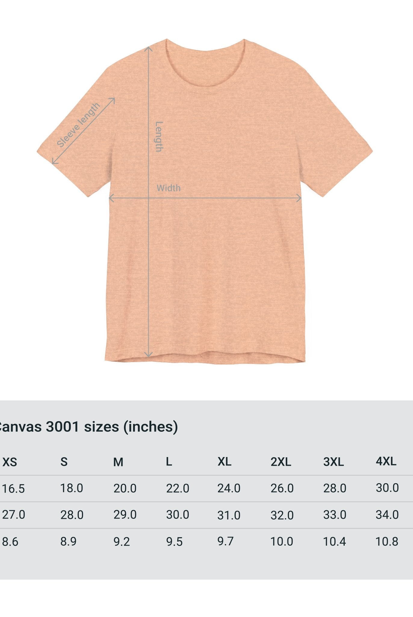 Adventure Unlimited Surfing T-Shirt Size Guide for Bella Canvas EU - Direct-to-Garment Printed Item