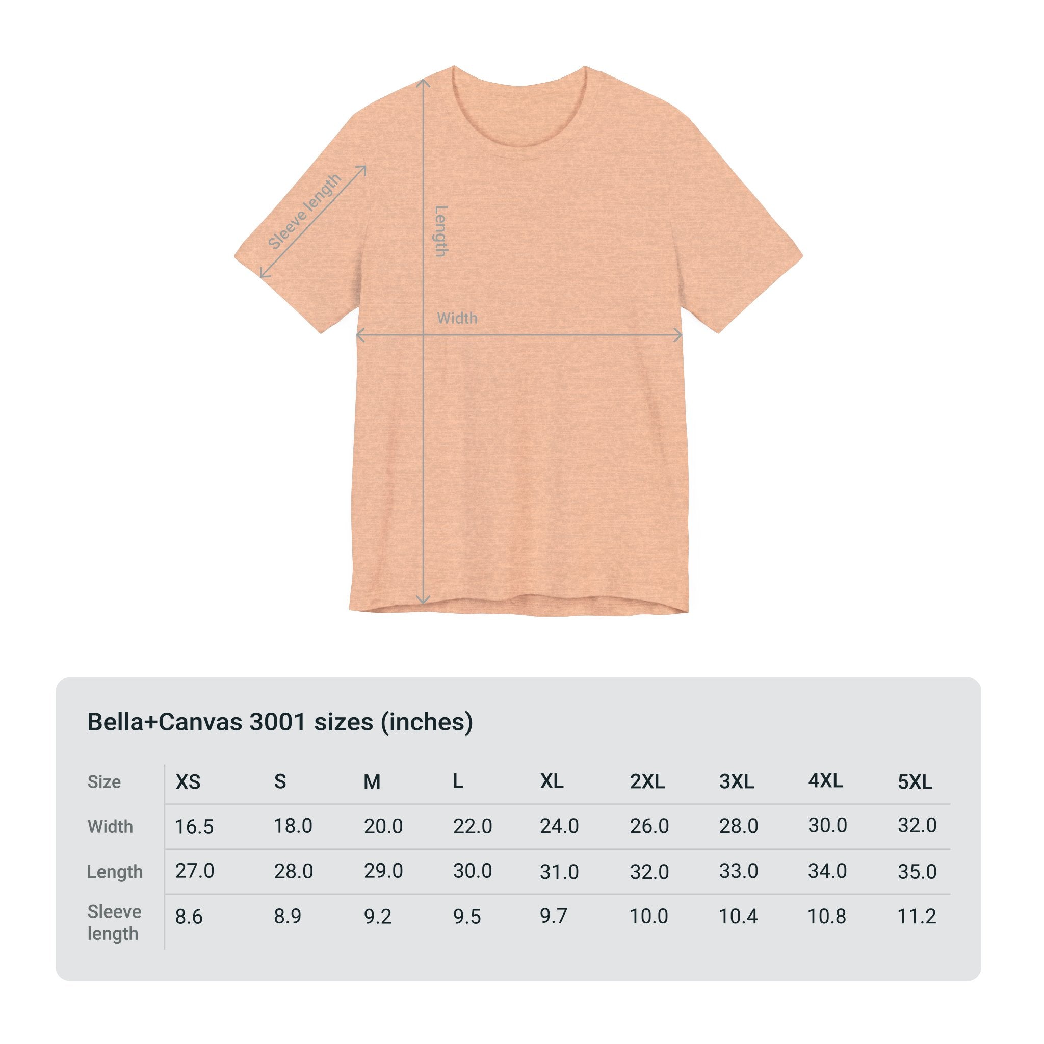 Adventure Unlimited Surfing T-Shirt Size Guide for Bella Canvas EU - Direct-to-Garment Printed Item