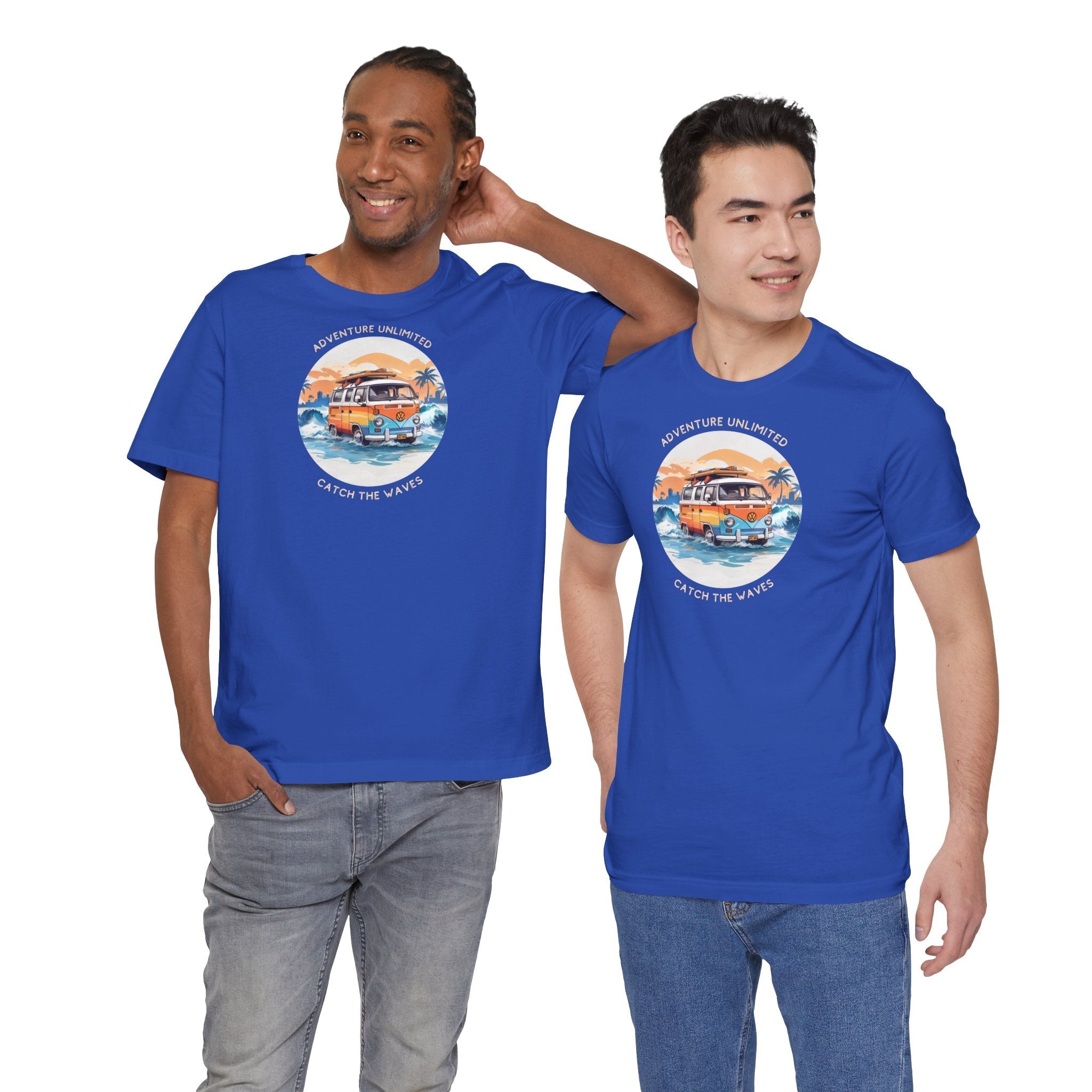 Two men in blue t-shirts with ’the best day in the world’ printed on Adventure Unlimited Surfing T-Shirt