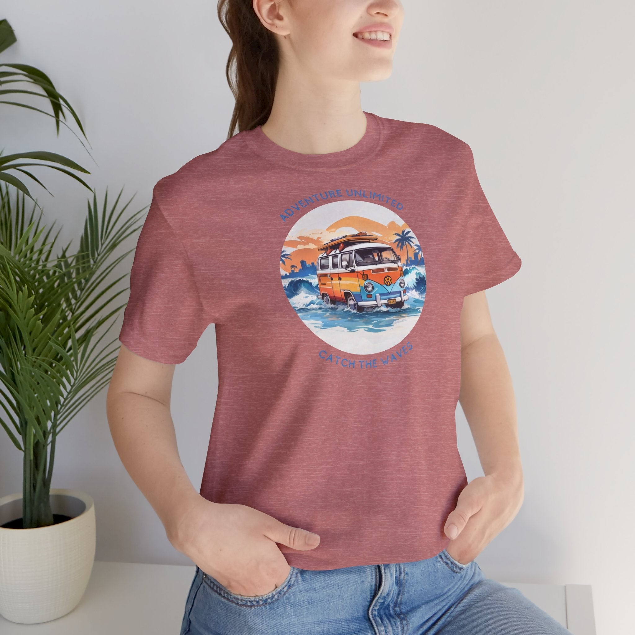 Adventure Unlimited - Surfing T-Shirt - Woman wearing Maroon Graphic Tee