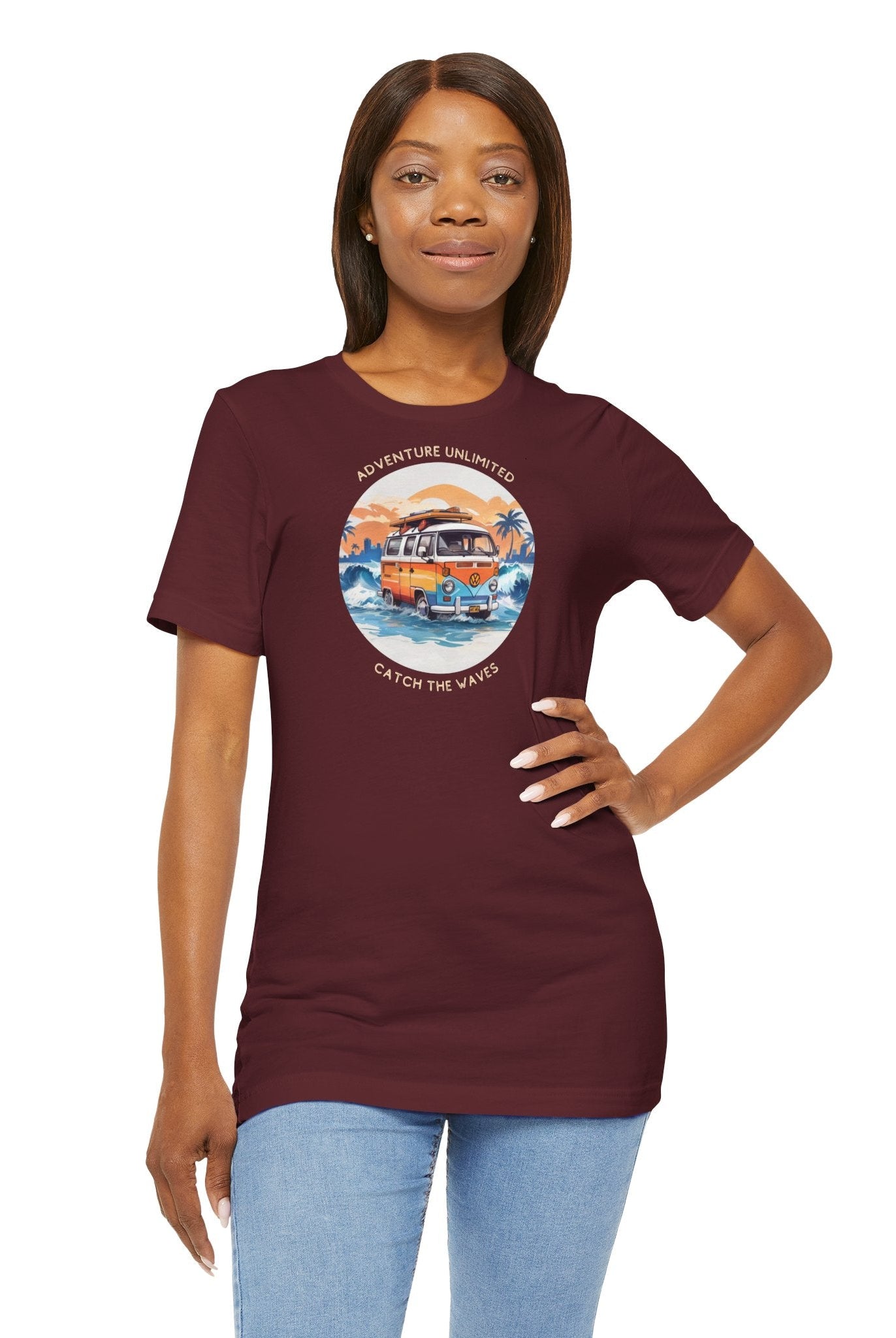 Woman wearing maroon Adventure Unlimited Surfing T-Shirt with ’Soulshinecreators’ printed on it
