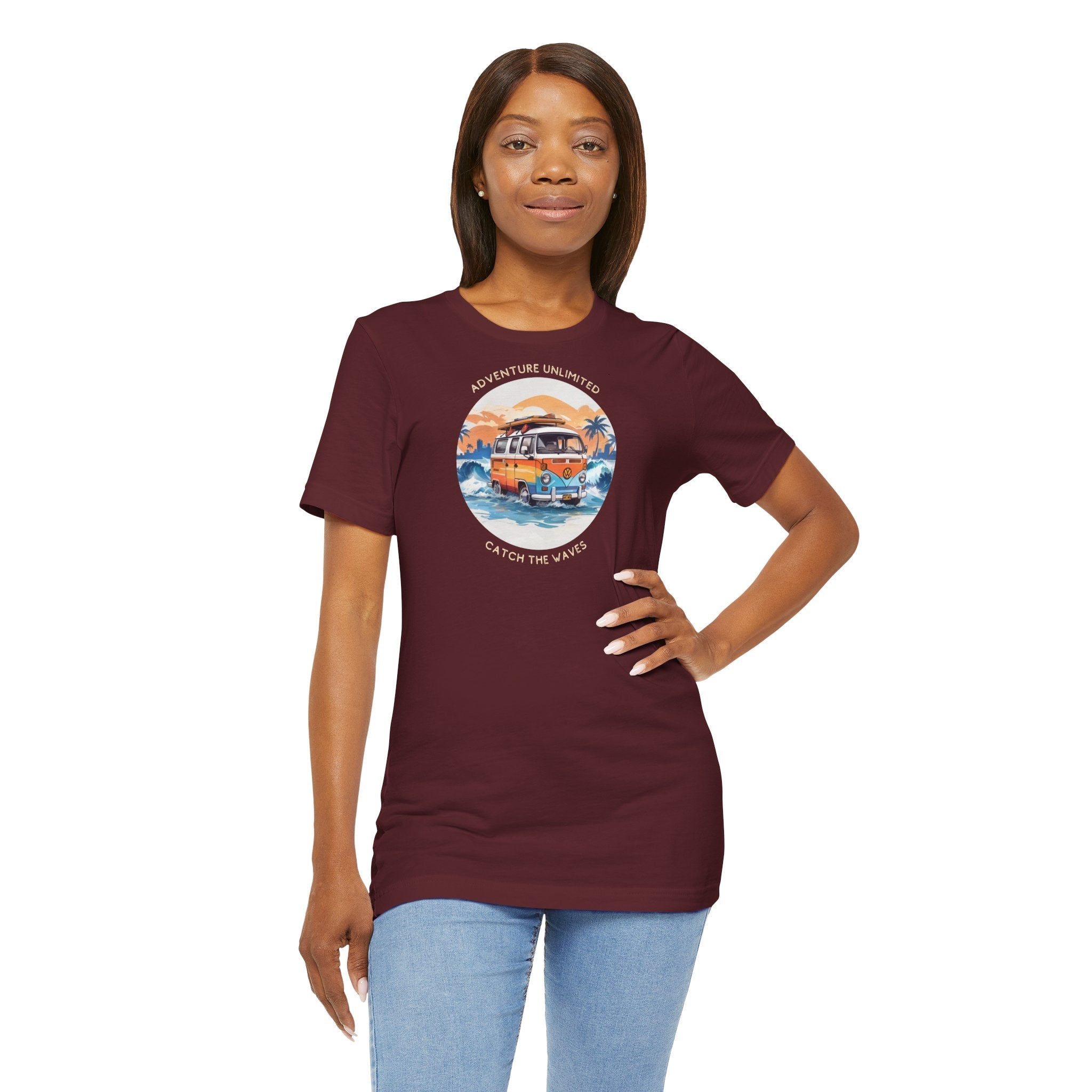 Woman wearing maroon Adventure Unlimited Surfing T-Shirt with ’Soulshinecreators’ printed on it