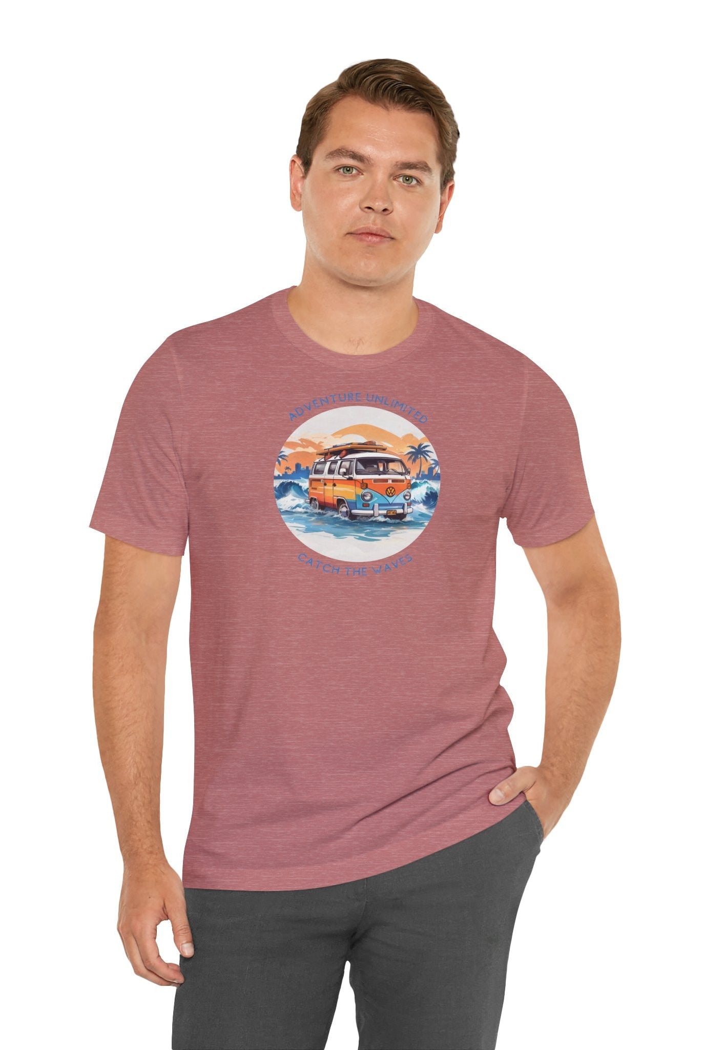 Man in maroon surfboard-printed tee with sunset background - Adventure Unlimited Direct-to-Garment Printed T-Shirt