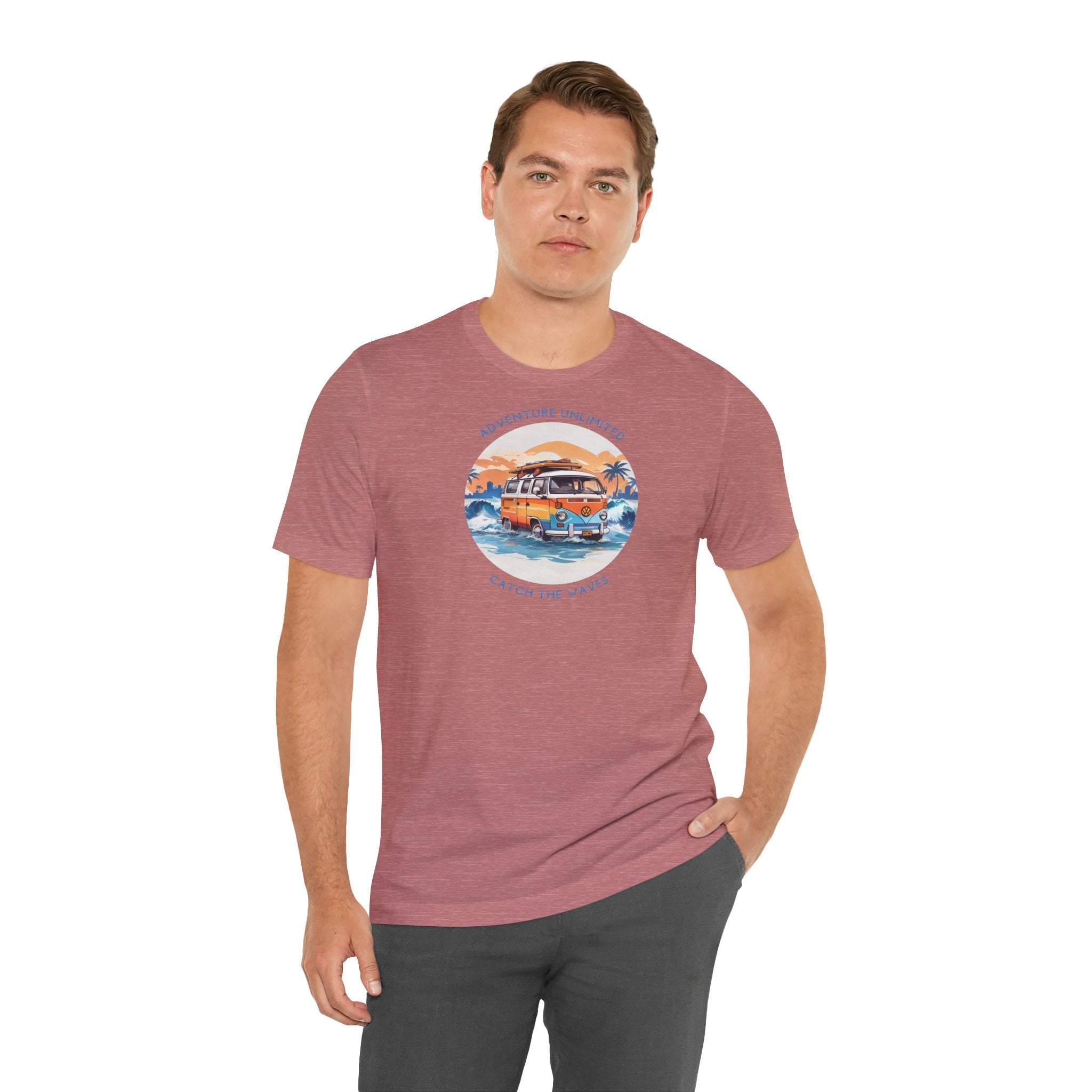 Man in maroon surfboard-printed tee with sunset background - Adventure Unlimited Direct-to-Garment Printed T-Shirt