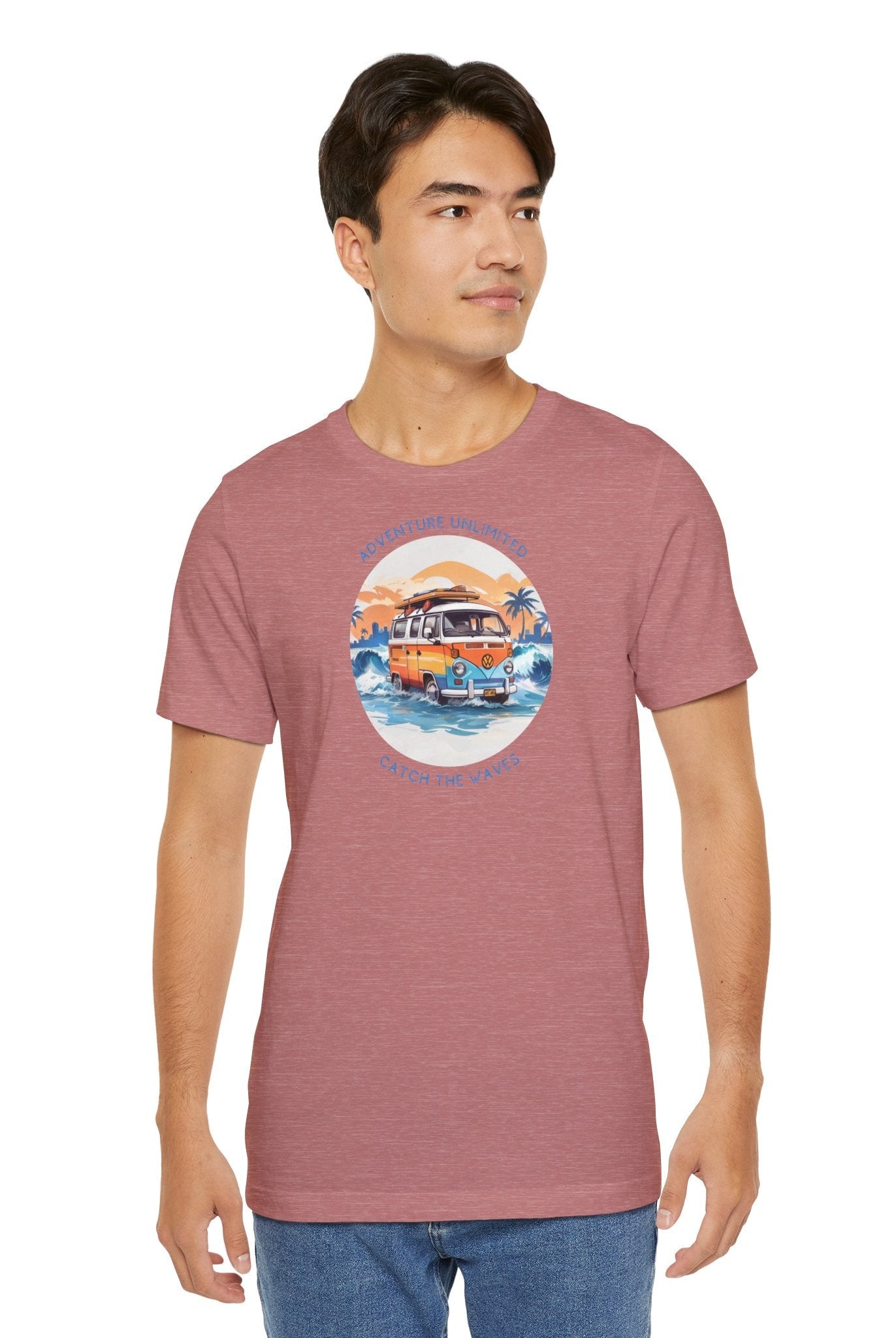 Adventure Unlimited Surfing T-Shirt - Man in Red Tee with ’Surf’ Design - Bella & Canvas EU