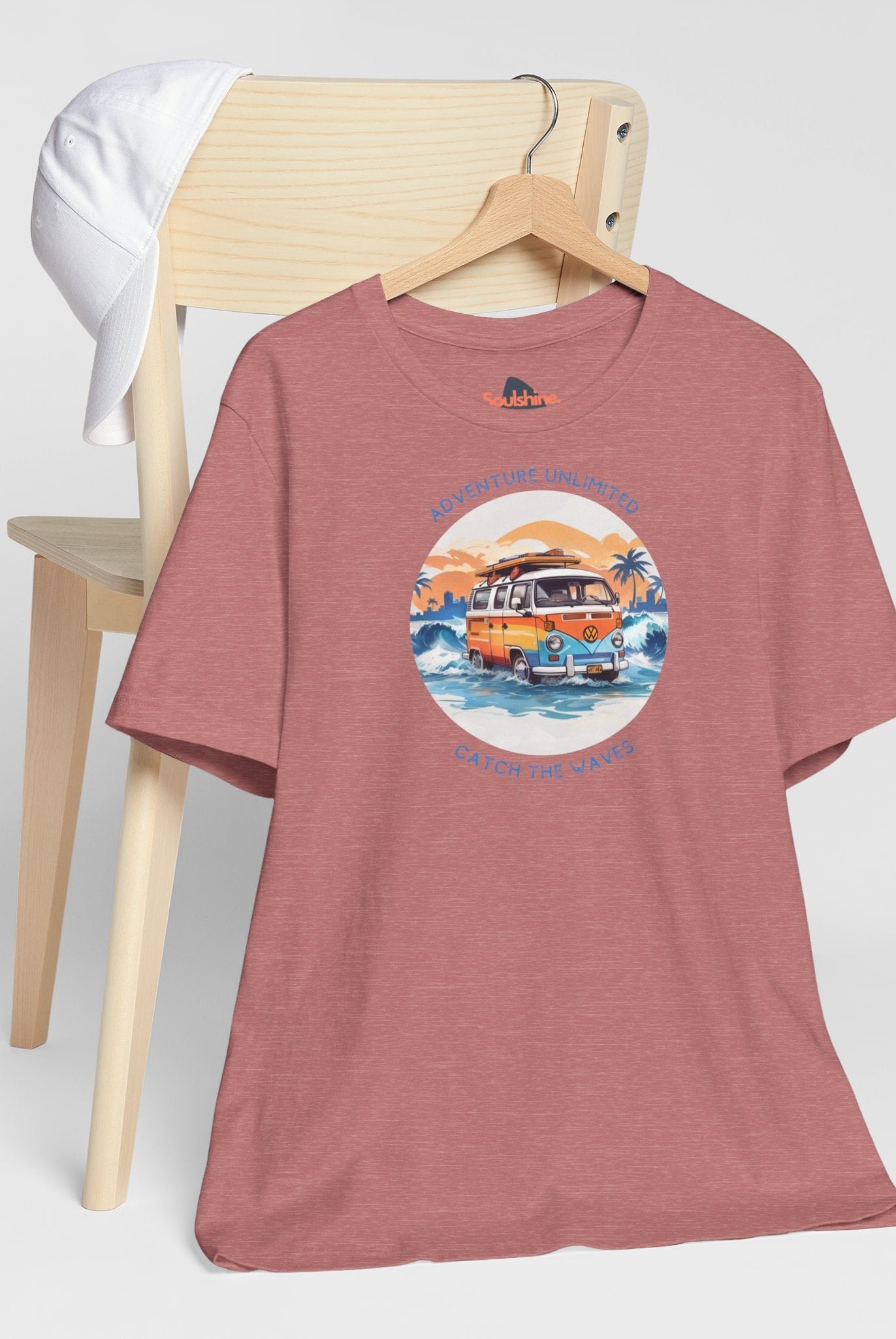 Red car graphic sunset printed on Adventure Unlimited Surfing T-Shirt - Bella & Canvas EU
