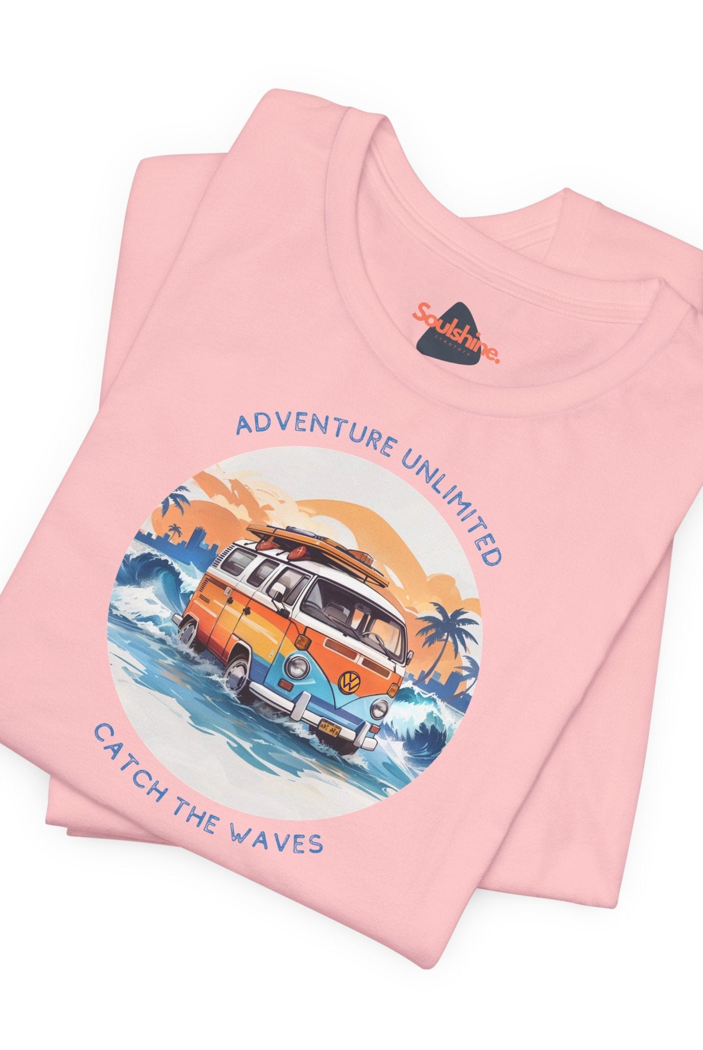Adventure Unlimited Surfing T-Shirt with Van Driving through Ocean printed on Bella & Canvas shirt