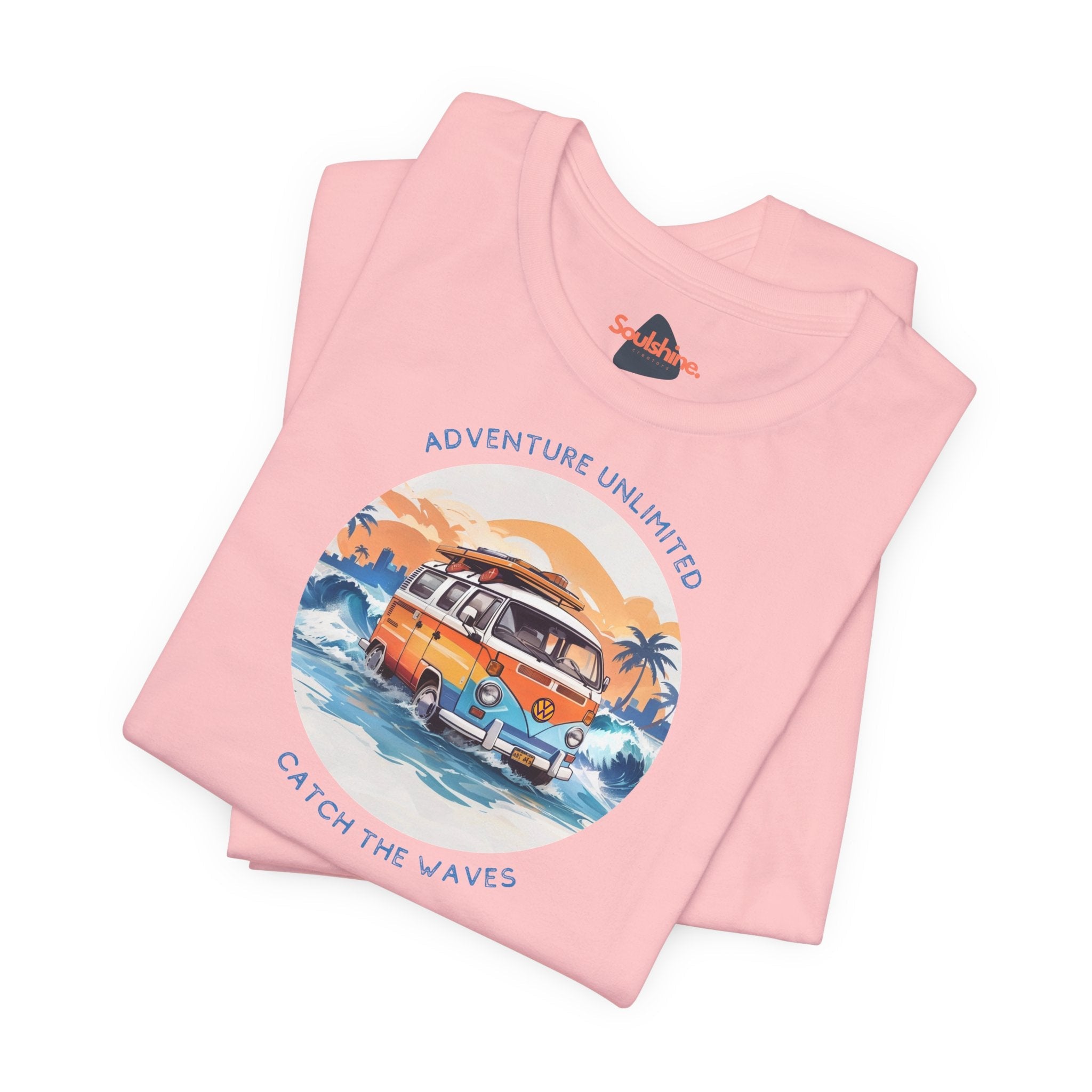 Adventure Unlimited Surfing T-Shirt with Van Driving through Ocean printed on Bella & Canvas shirt