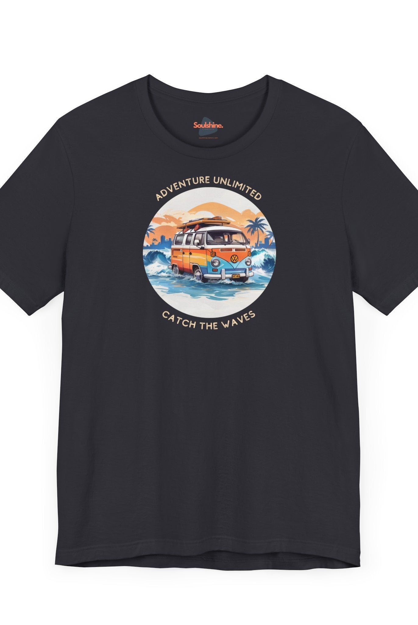 Adventure Unlimited - Surfing T-Shirt - printed black tee with ’Soulshinecreators’ design