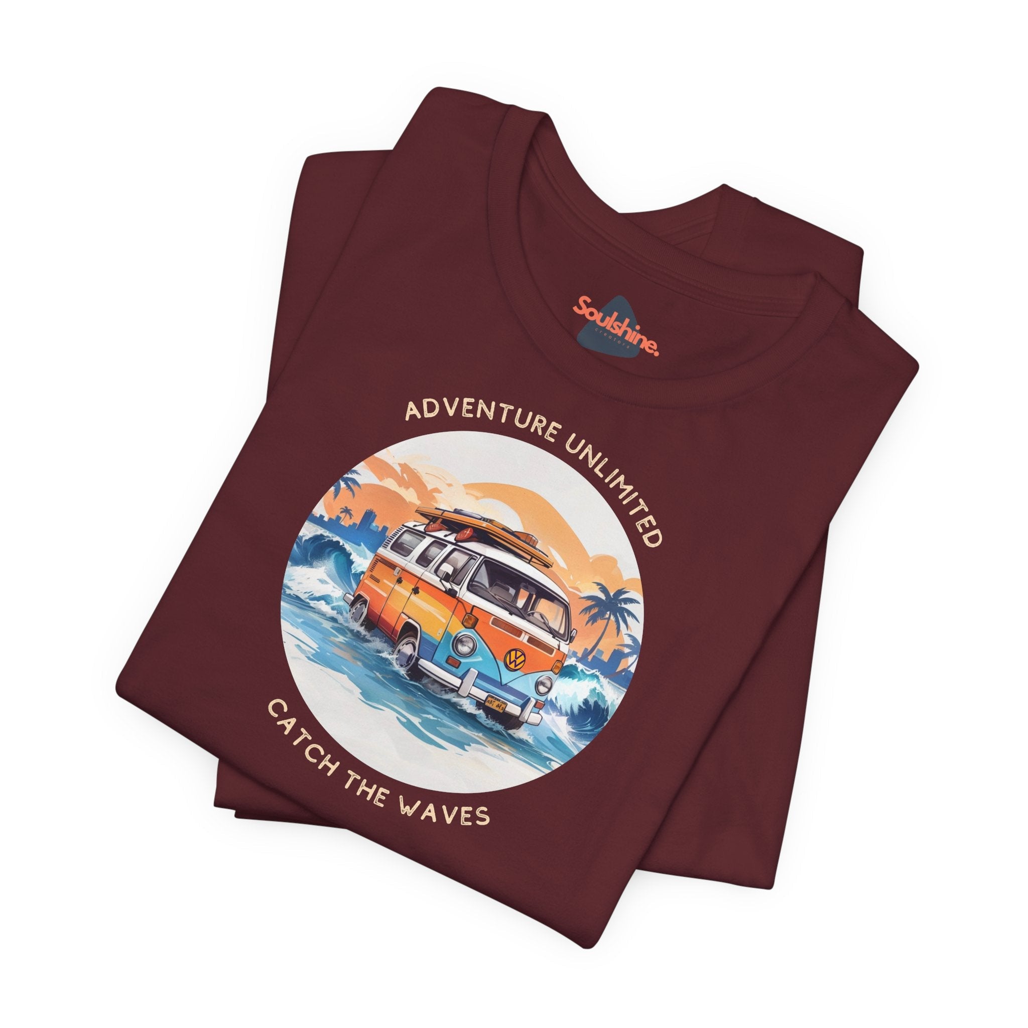 Direct-to-Garment printed maroon t-shirt with van driving through ocean