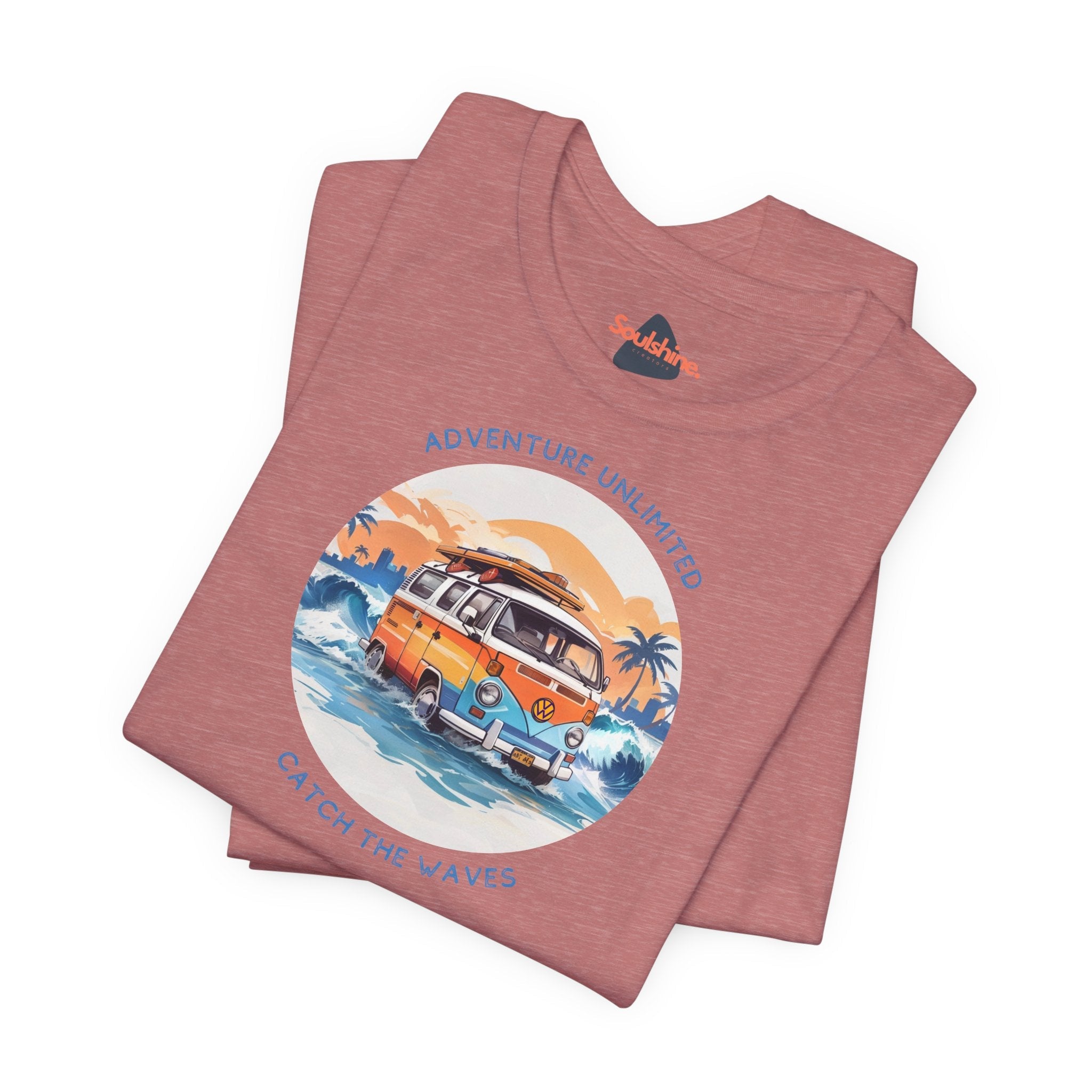 Adventure Unlimited Surfing T-Shirt with Van and Surfboard Design - Direct-to-Garment Printed Item
