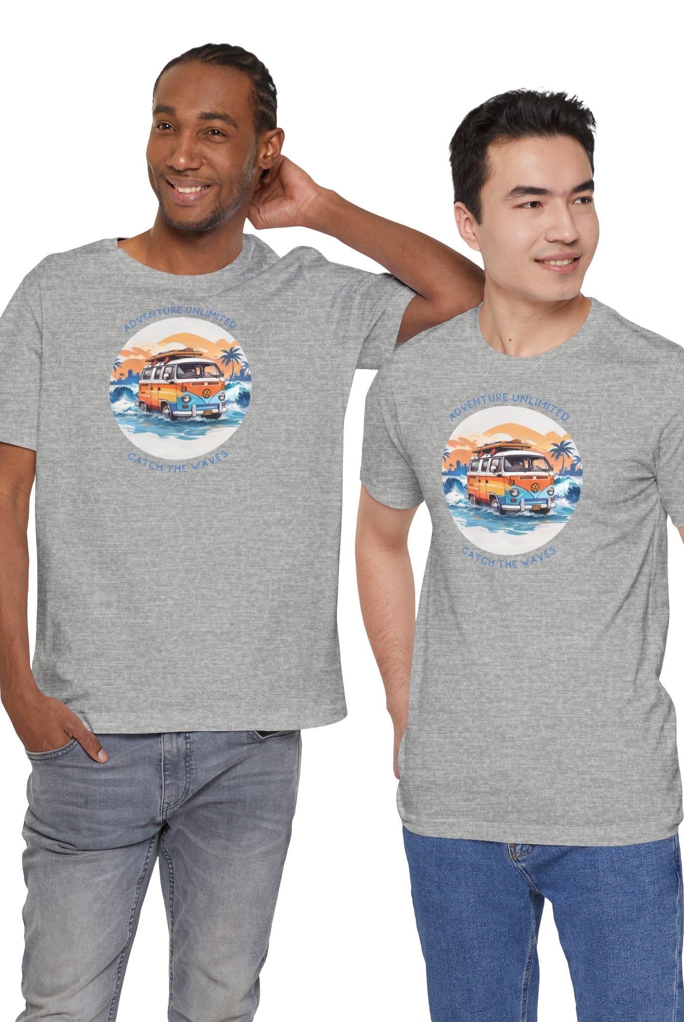 Adventure Unlimited men’s grey t-shirts with mountain sunset design, Bella & Canvas direct-to-garment printed item