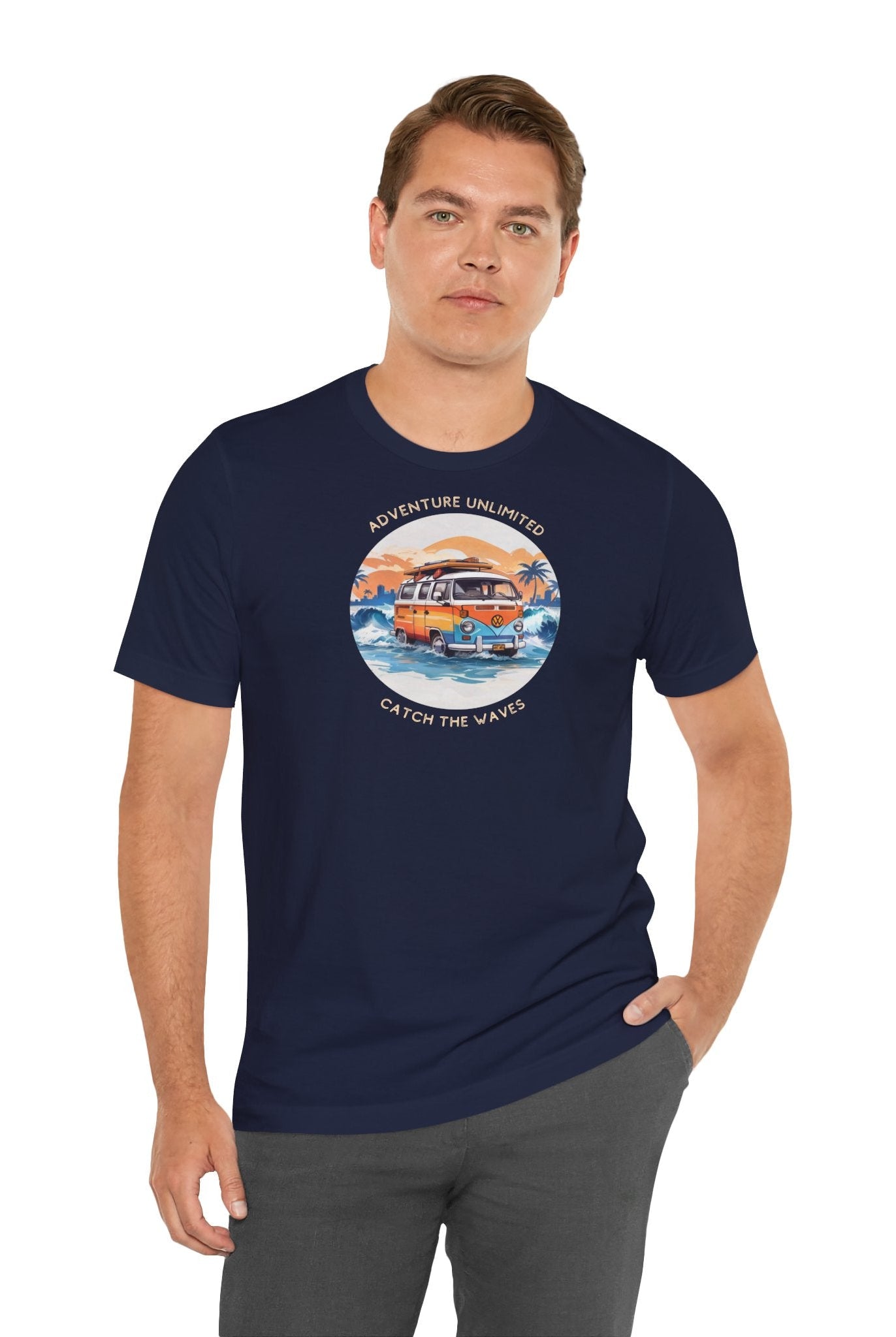 Man in navy Adventure Unlimited Surfing T-shirt with ’the best day in the world’ printed - Bella & Canvas EU