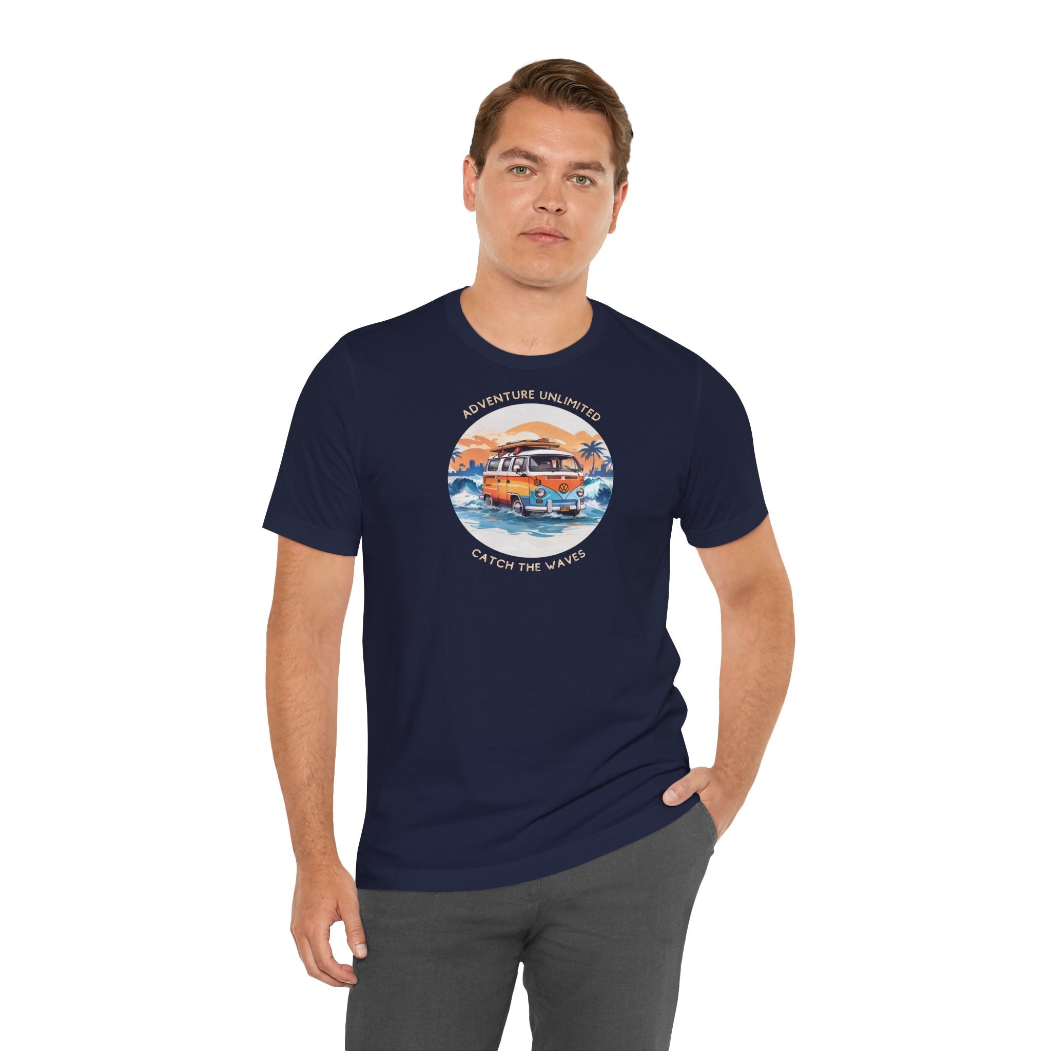Man in navy Adventure Unlimited Surfing T-shirt with ’the best day in the world’ printed - Bella & Canvas EU