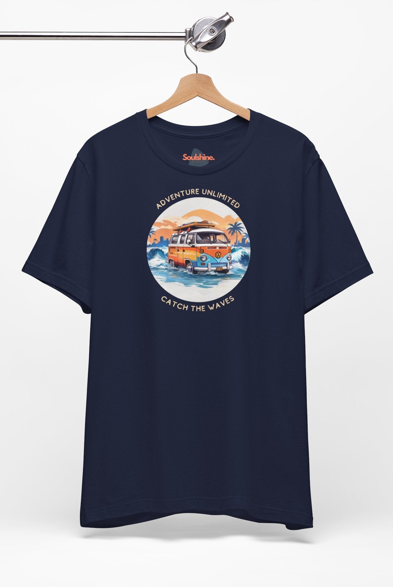 Adventure Unlimited navy t-shirt with ’Soulshinecreators’ printed on it