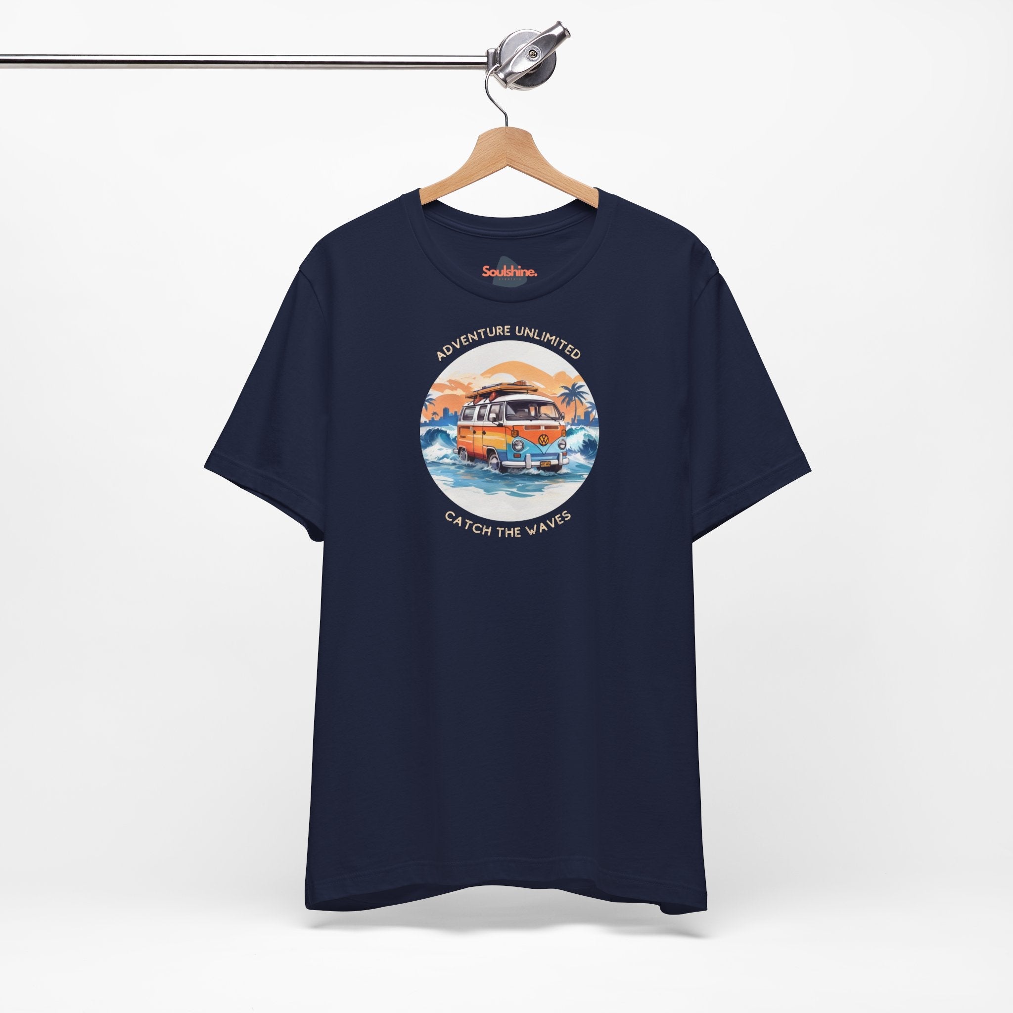 Adventure Unlimited navy t-shirt with ’Soulshinecreators’ printed on it