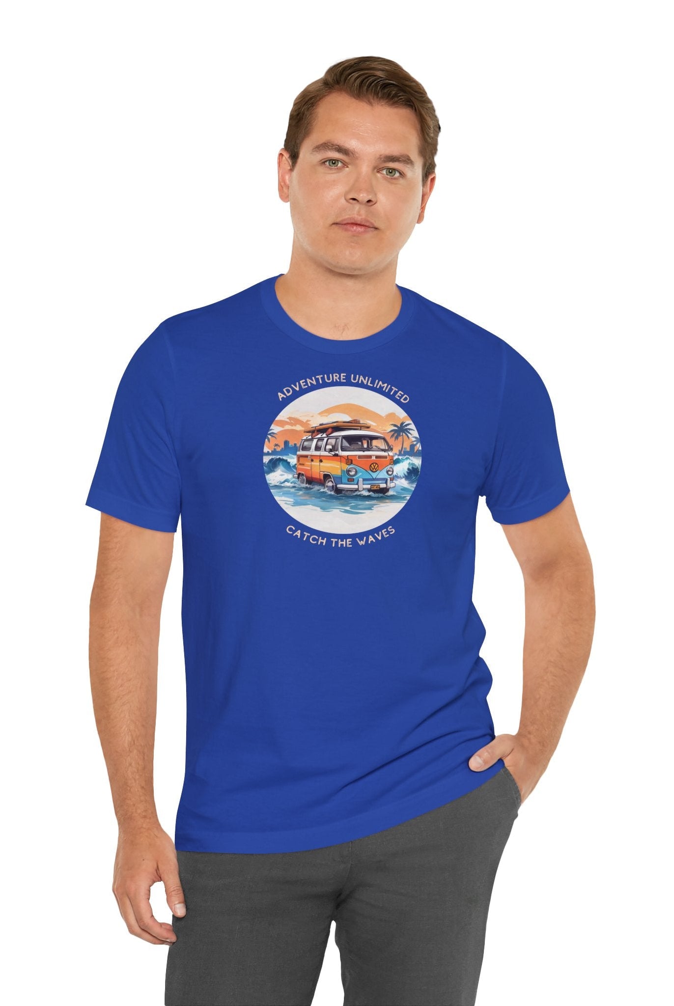 Man wearing Adventure Unlimited direct-to-garment printed Surfing T-Shirt by Soulshinecreators