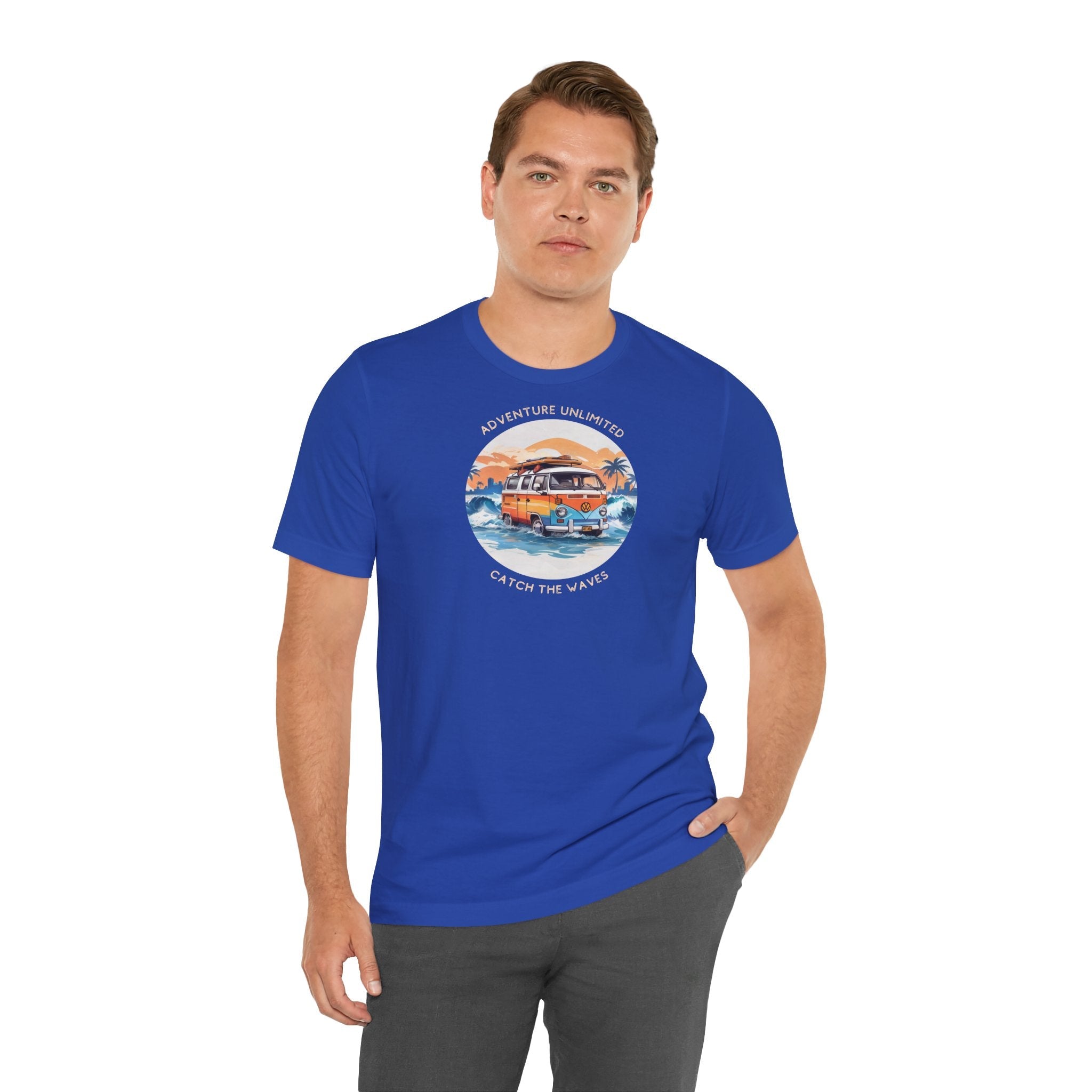 Man wearing Adventure Unlimited direct-to-garment printed Surfing T-Shirt by Soulshinecreators