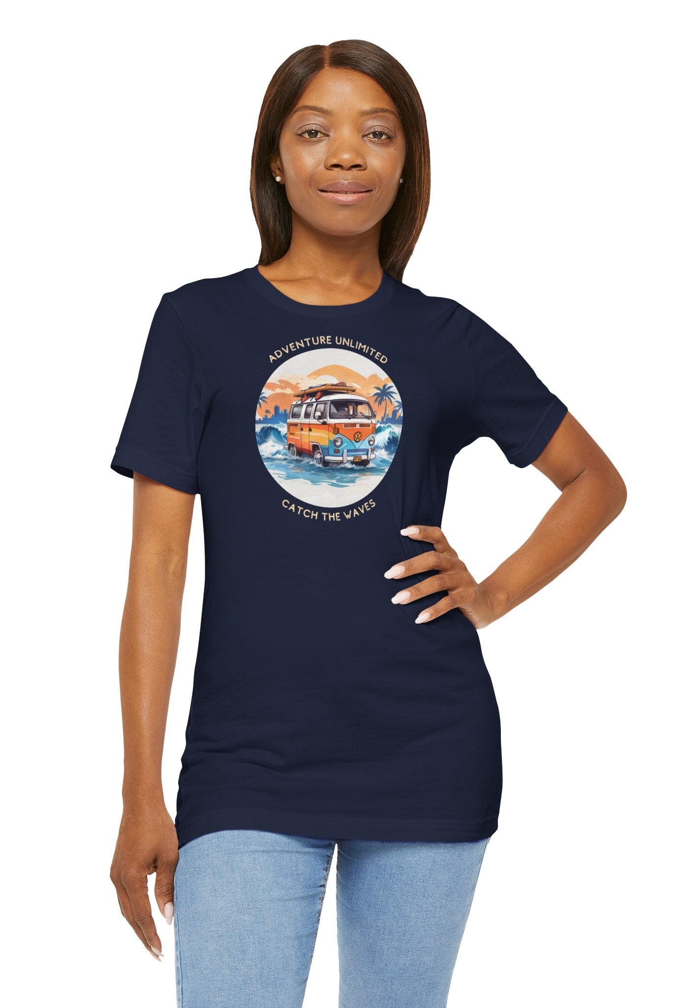 Bella & Canvas EU direct-to-garment printed navy t-shirt with boat in ocean design by Adventure Unlimited