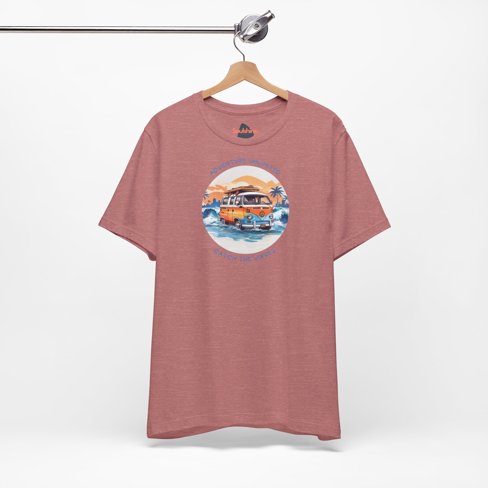 Red sunset boat graphic printed on red t-shirt - Adventure Unlimited Soulshinecreators Bella & Canvas EU