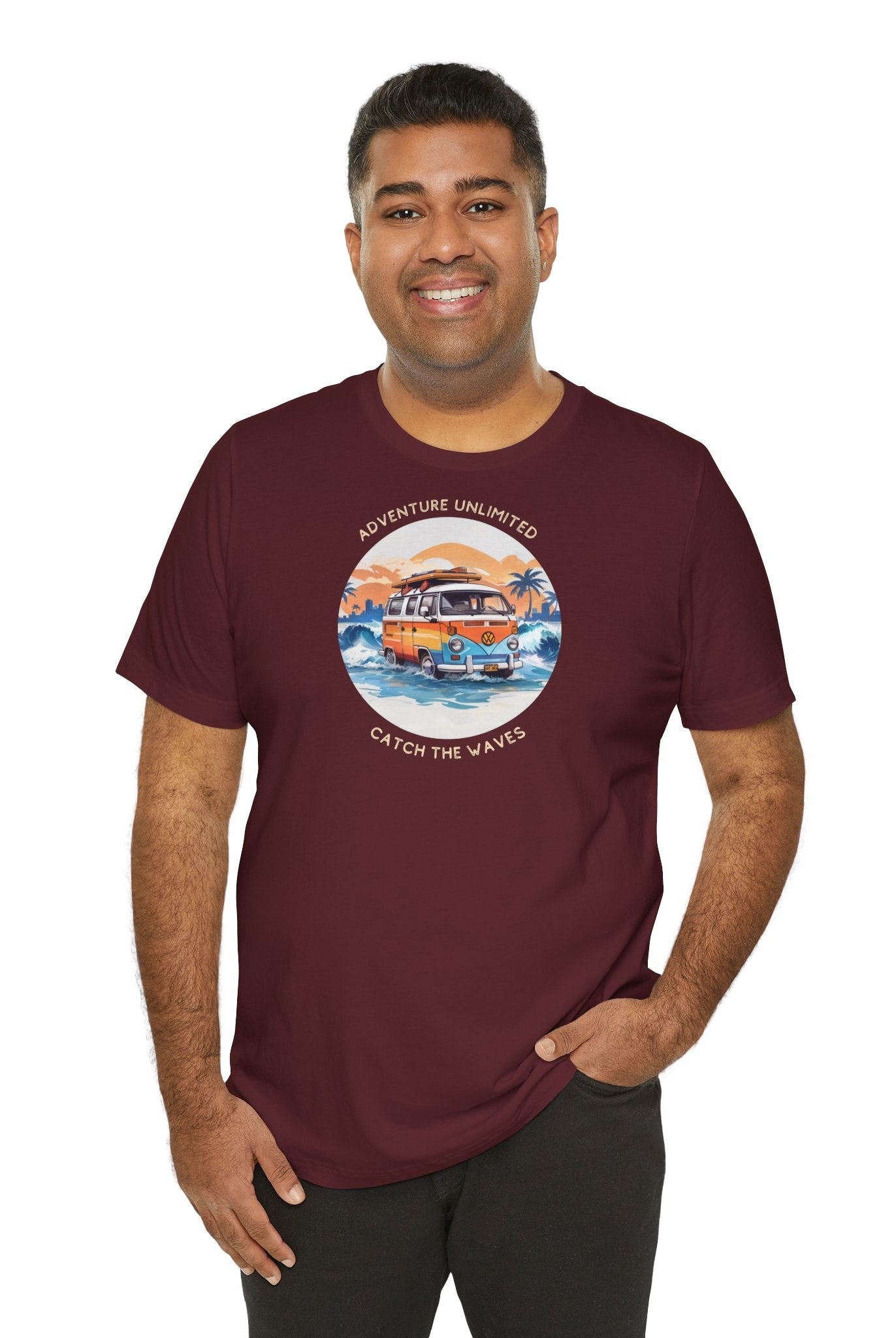 Printed maroon t-shirt featuring ’Adventure Unlimited’ design