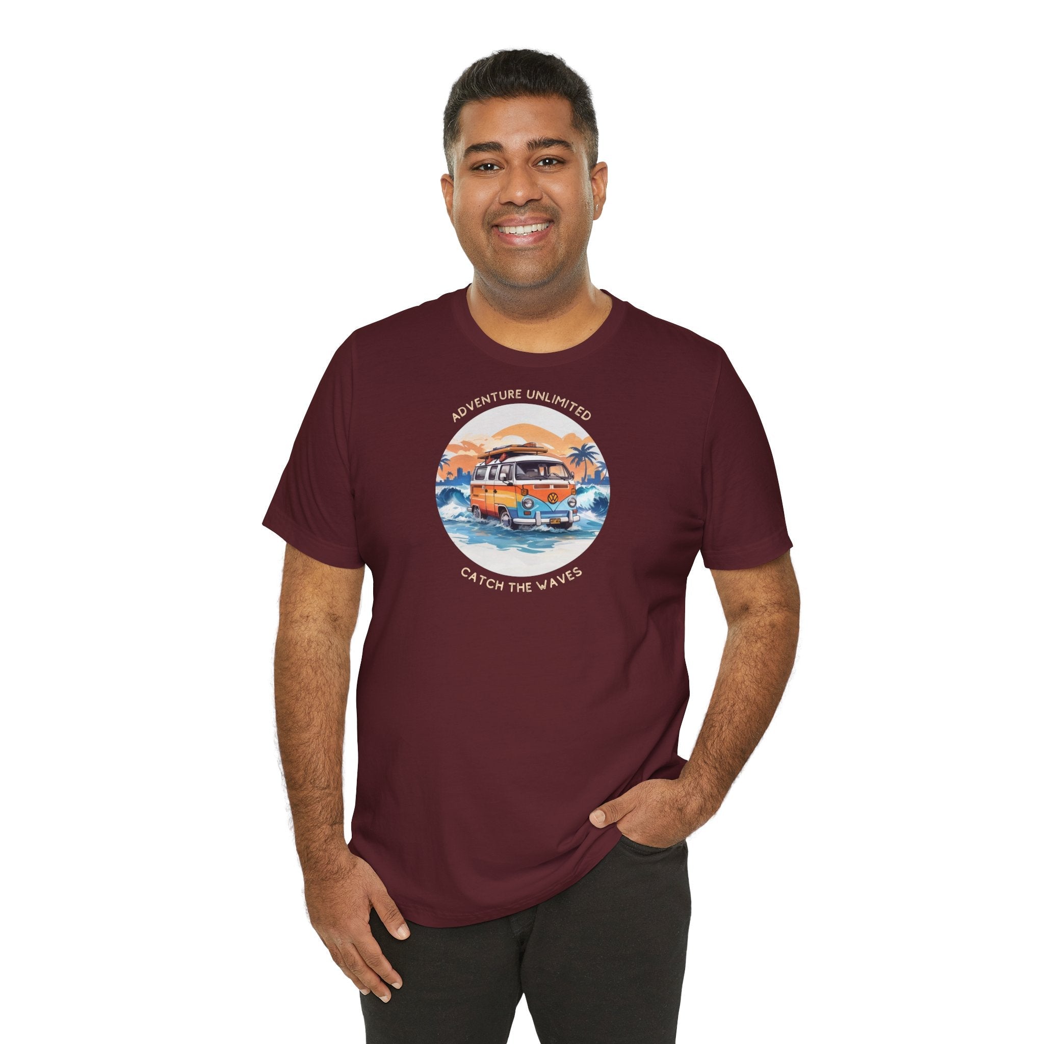 Printed maroon t-shirt featuring ’Adventure Unlimited’ design