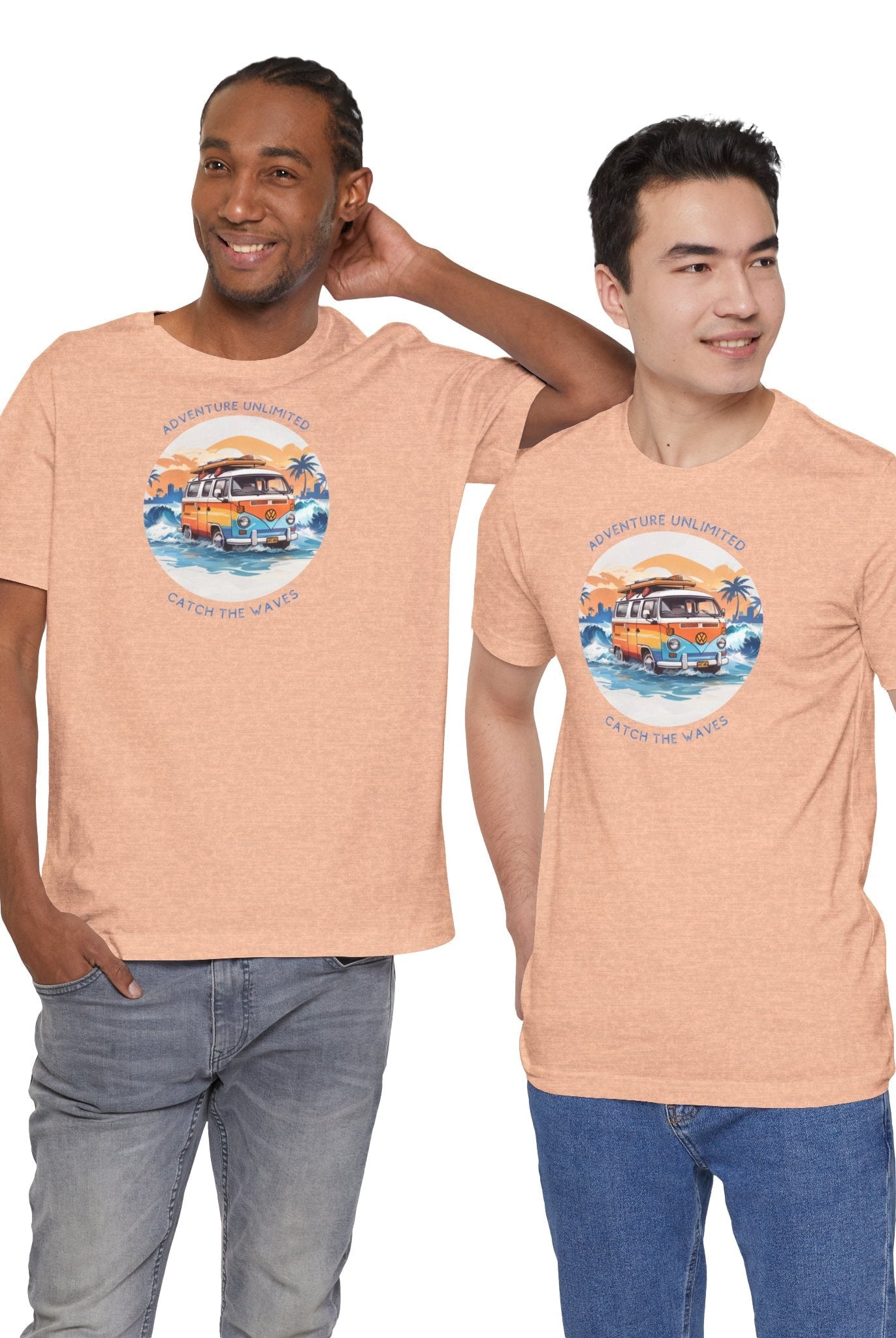 Two men wearing matching shirts - Adventure Unlimited Surfing T-Shirt printed on Bella & Canvas EU direct-to-garment item