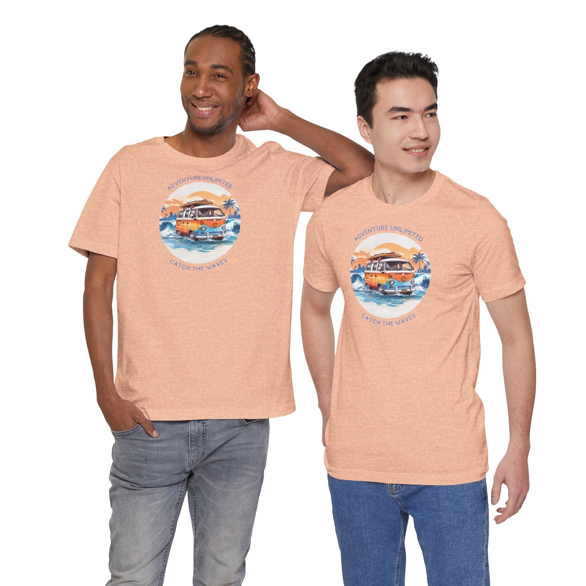Two men wearing matching shirts - Adventure Unlimited Surfing T-Shirt printed on Bella & Canvas EU direct-to-garment item