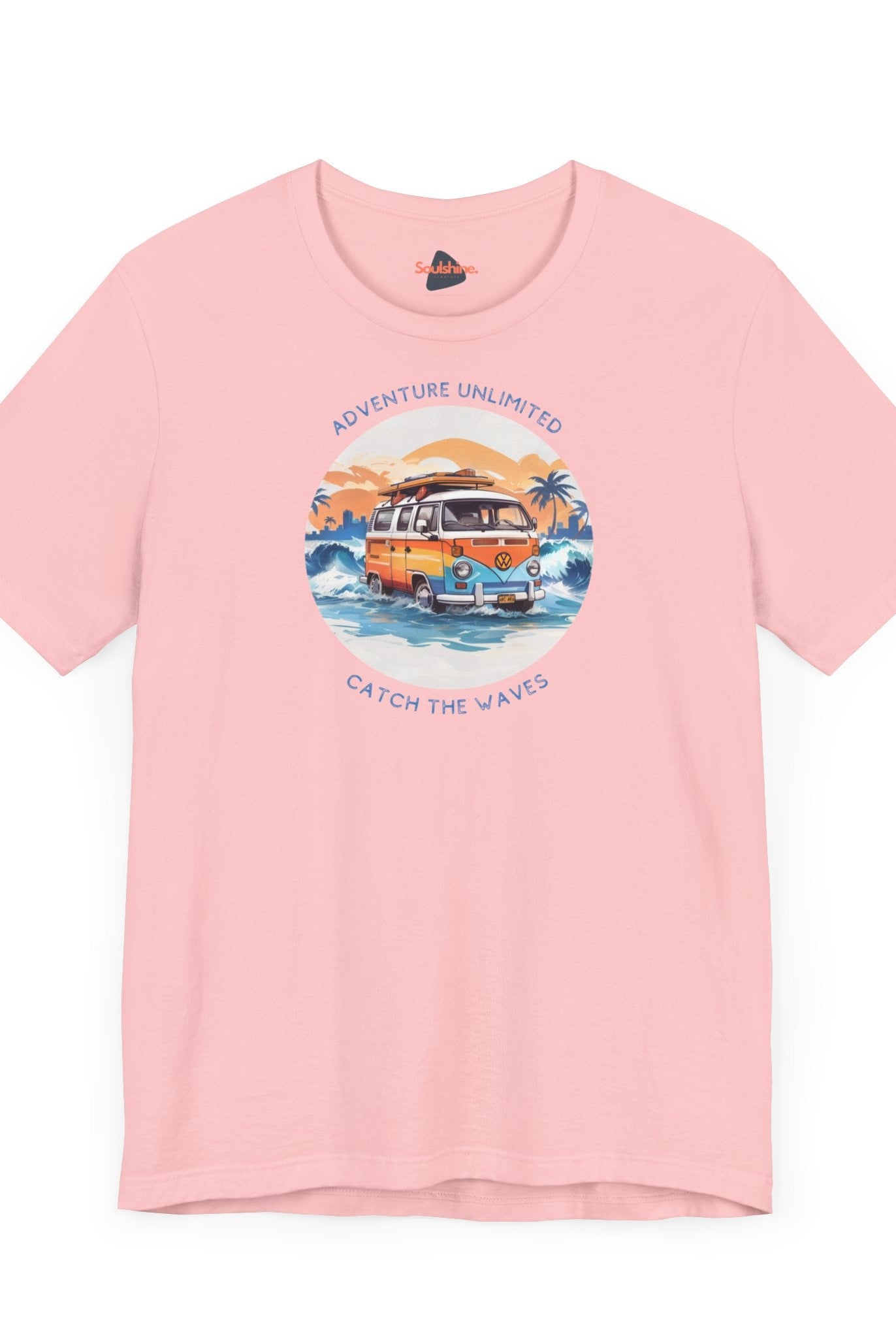 Adventure Unlimited Surfing T-Shirt featuring van and surfboard design - printed direct-to-garment on pink Bella & Canvas tee
