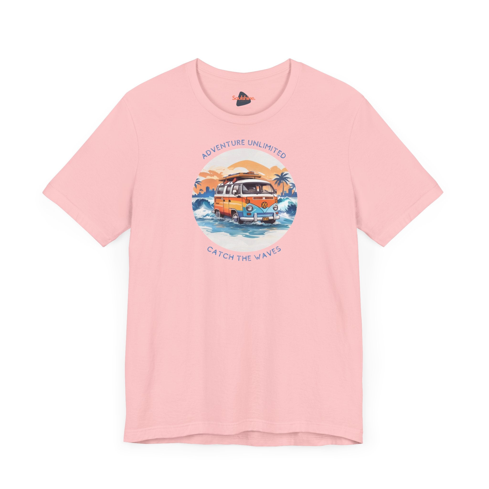 Adventure Unlimited Surfing T-Shirt featuring van and surfboard design - printed direct-to-garment on pink Bella & Canvas tee