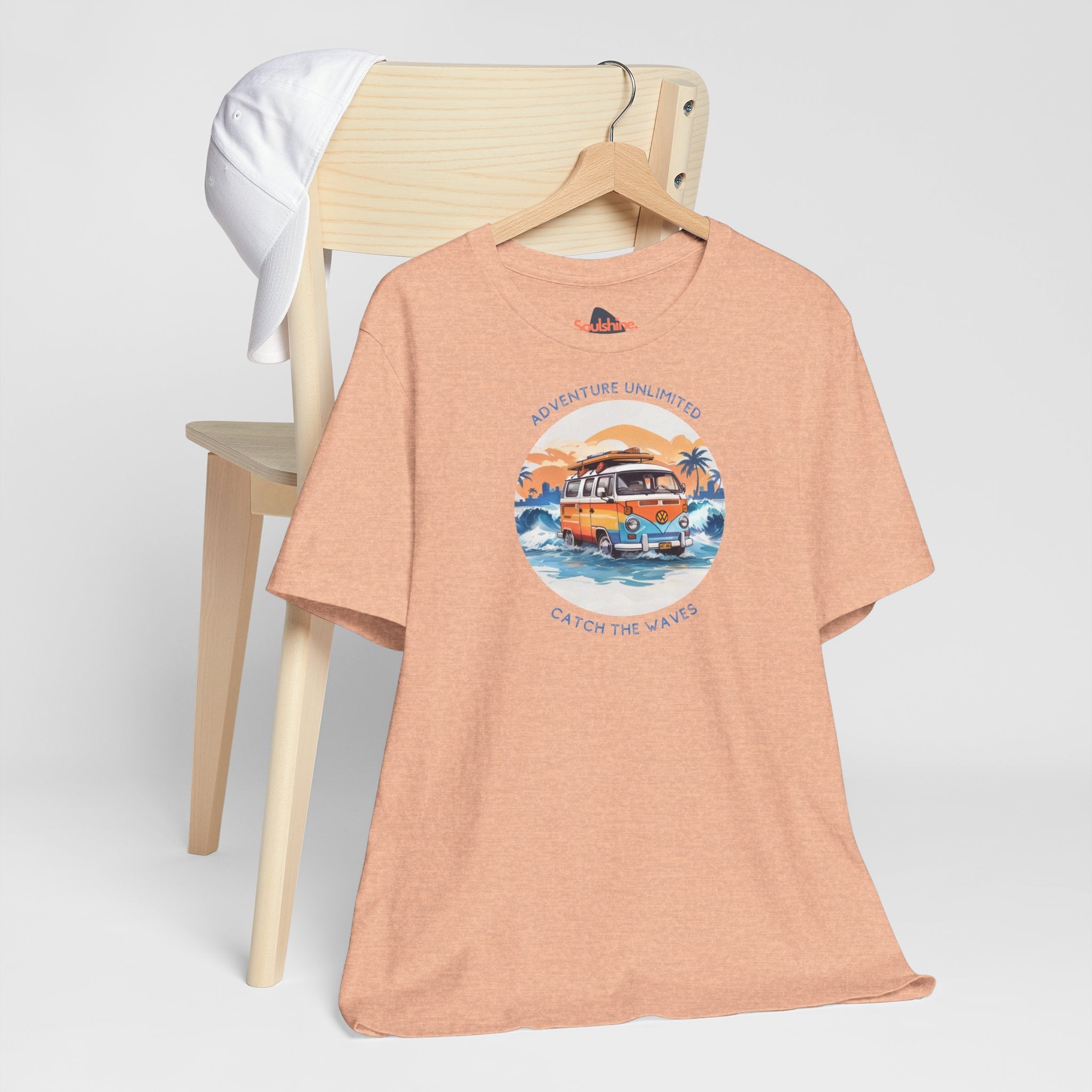 Adventure Unlimited Surfing T-Shirt with van and boat graphic printed on Bella & Canvas item