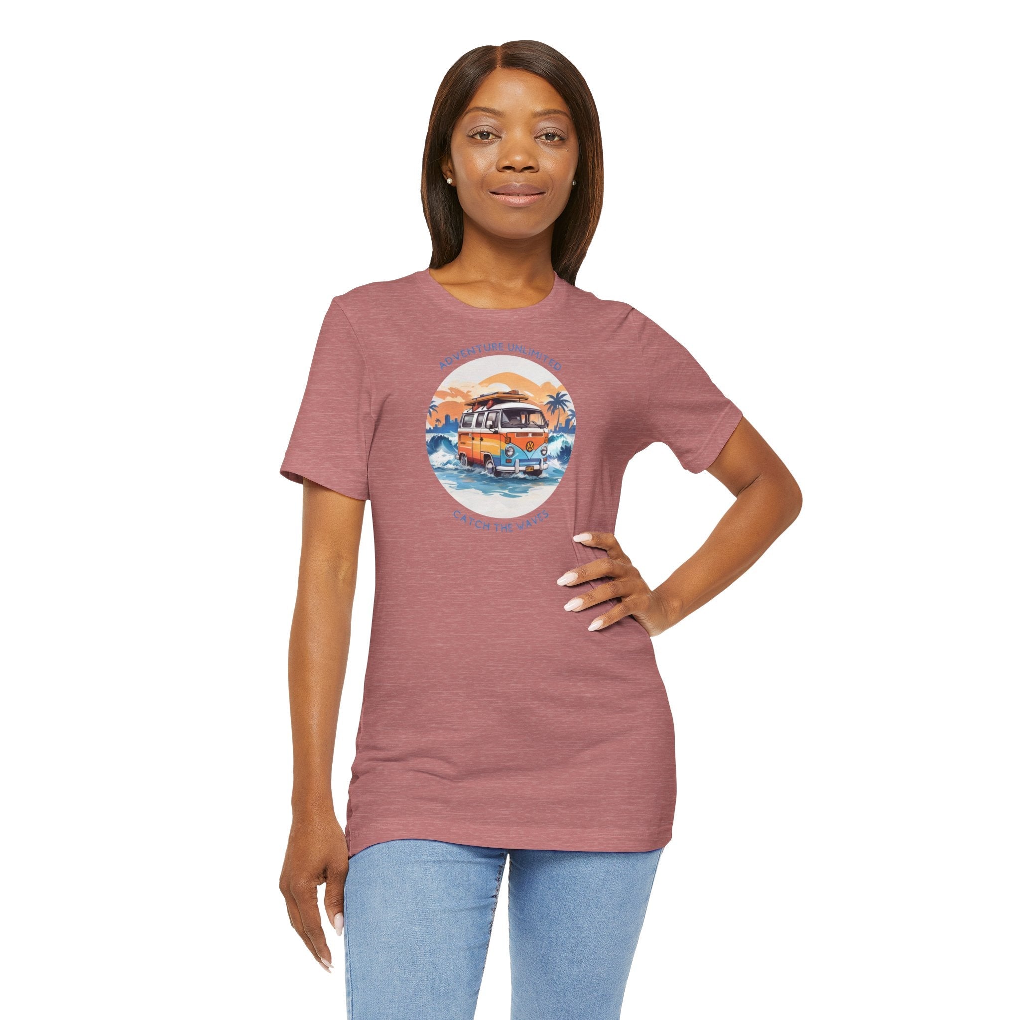 Direct-to-Garment Printed Woman in Pink Sunset T-Shirt from Adventure Unlimited