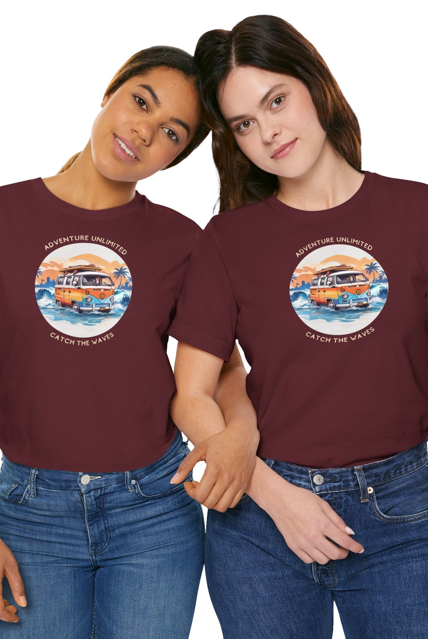 Two women in matching boat sunset t-shirts by Soulshinecreators