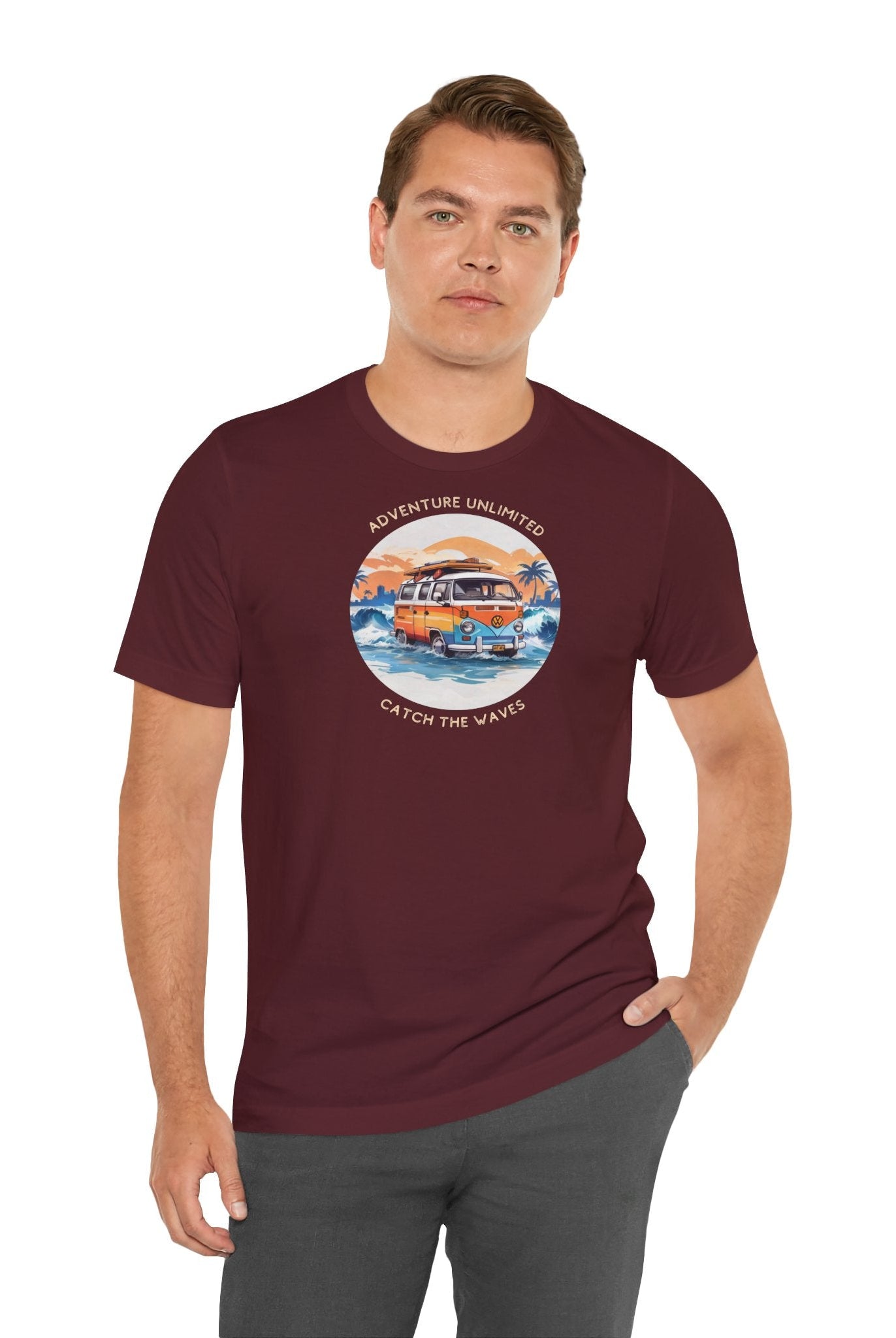 Adventure Unlimited Surfing T-Shirt in Maroon - Printed Direct-to-Garment by Soulshinecreators