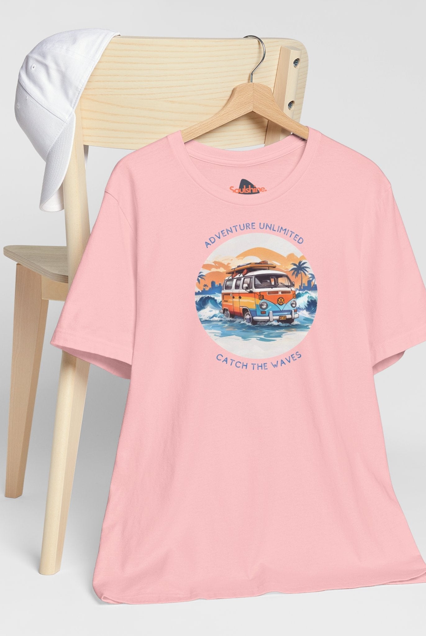 Adventure Unlimited Surfing T-Shirt with Van and Surfboard Graphic - Direct-to-Garment Printed Item