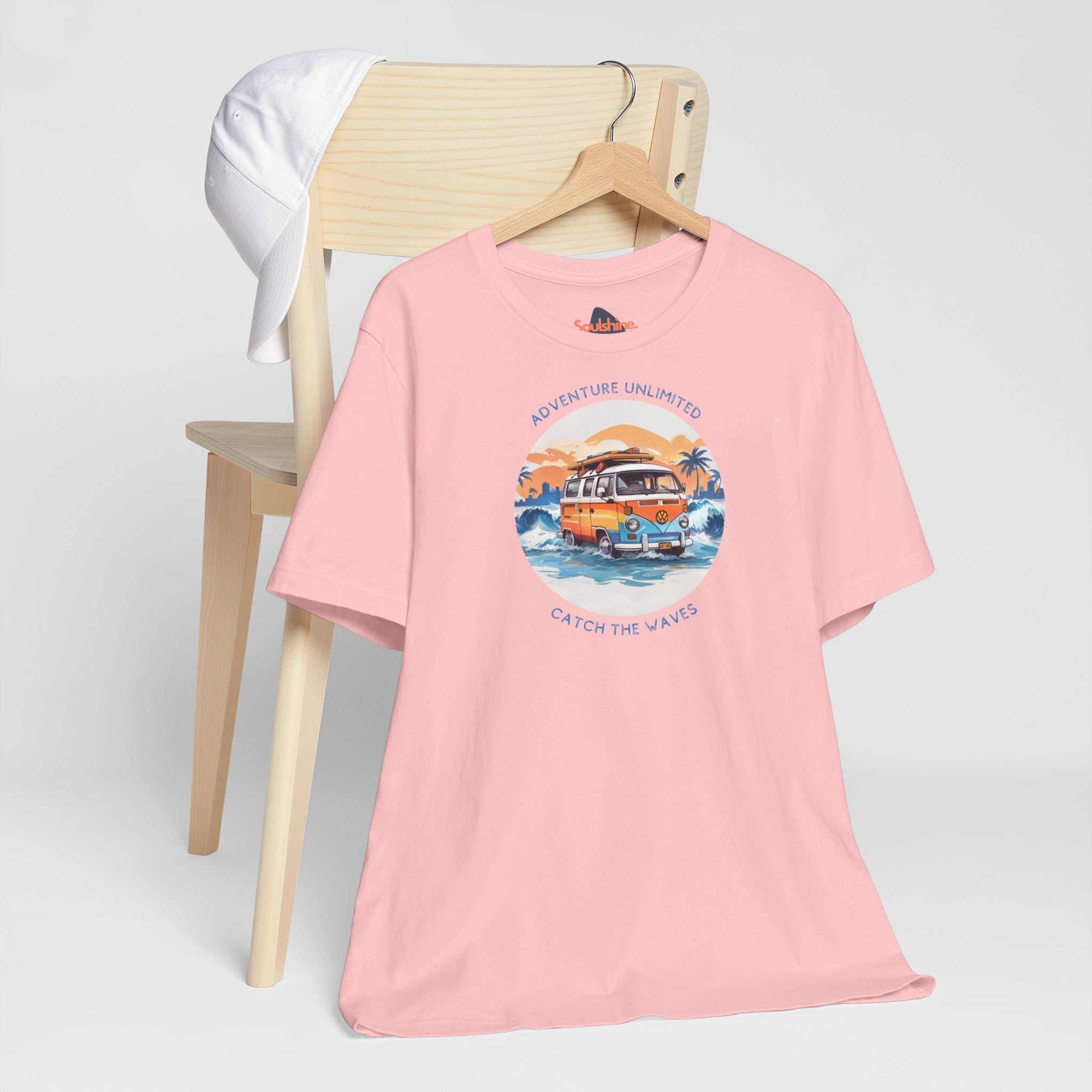 Adventure Unlimited Surfing T-Shirt with Van and Surfboard Graphic - Direct-to-Garment Printed Item