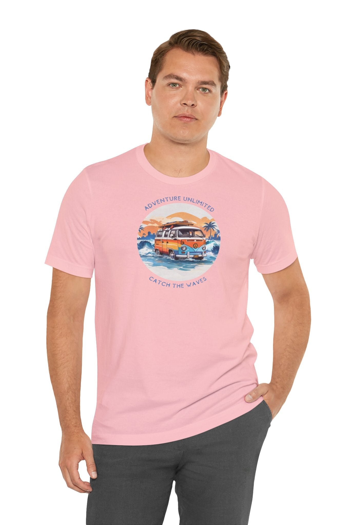 Man wearing pink t-shirt with ’Adventure Unlimited - Surfing’ design by Bella & Canvas - EU, printed using direct-to-garment technology