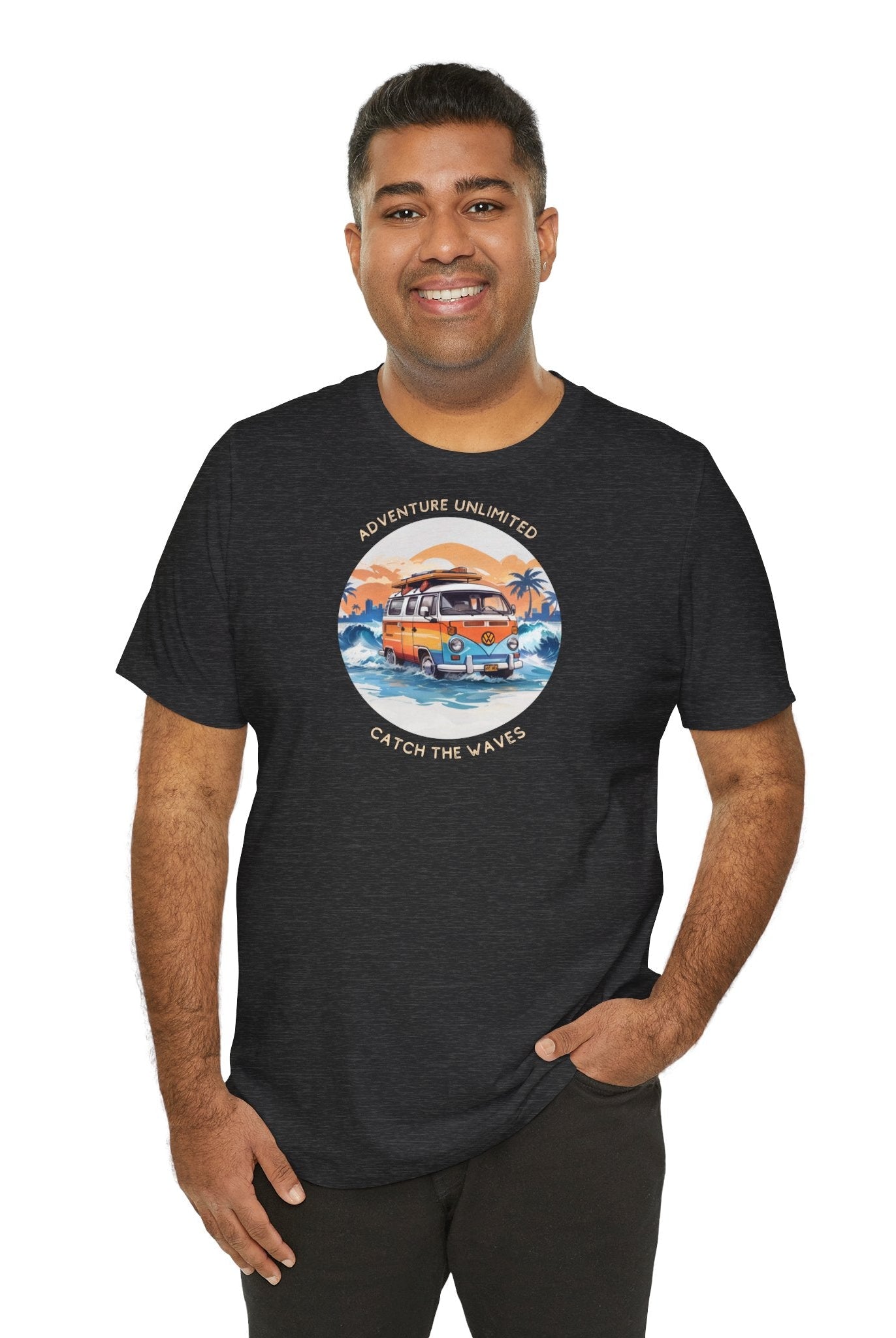 Adventure Unlimited Surfing T-Shirt black shirt standing man printed on Bella & Canvas EU direct-to-garment item