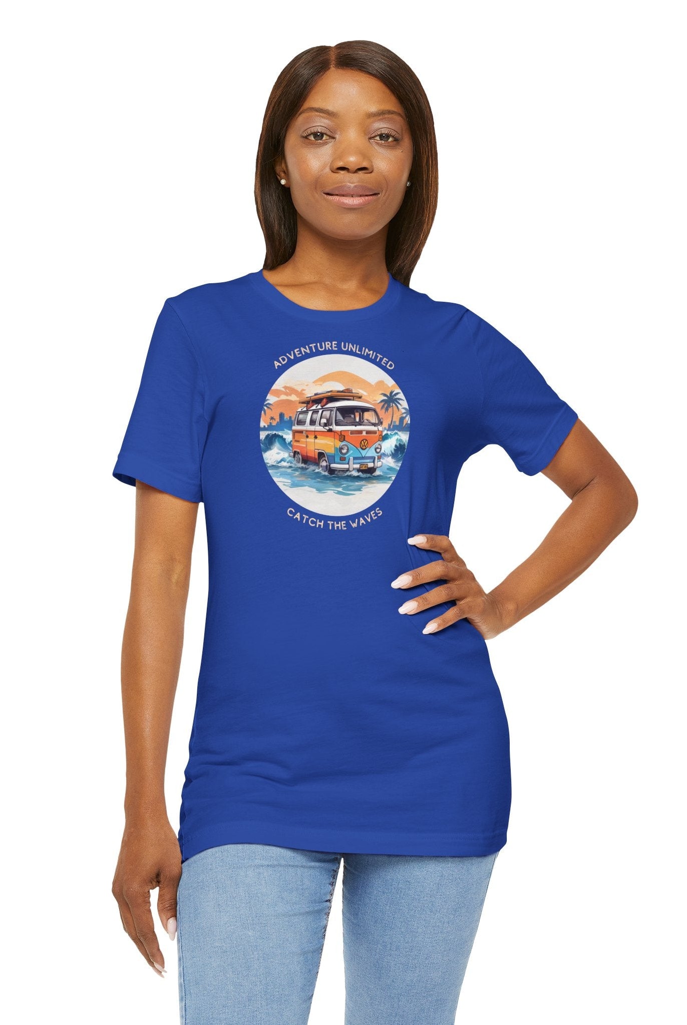 Adventure Unlimited Surfing T-Shirt by Soulshinecreators - Woman in Blue Printed T-Shirt