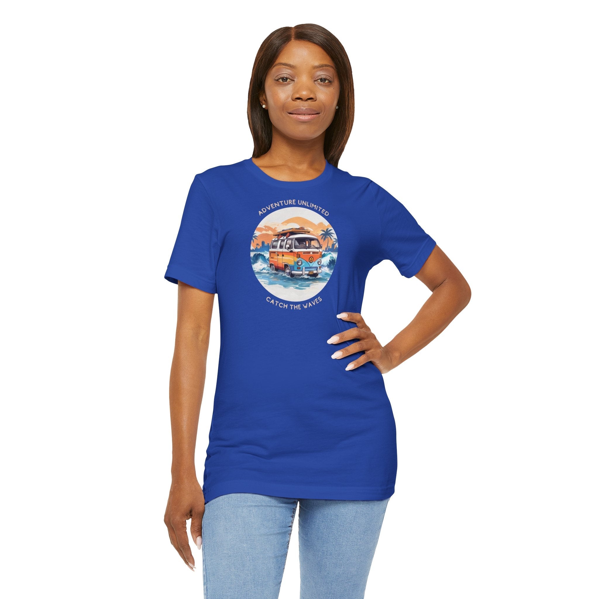 Adventure Unlimited Surfing T-Shirt by Soulshinecreators - Woman in Blue Printed T-Shirt