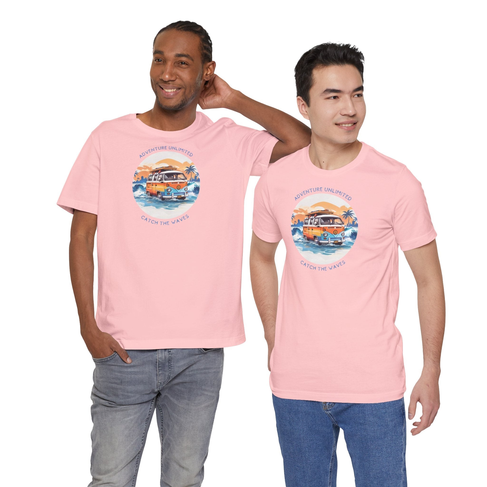 Adventure Unlimited Surfing T-Shirt featuring man and woman in pink shirts printed with ’I’m’ - direct-to-garment item