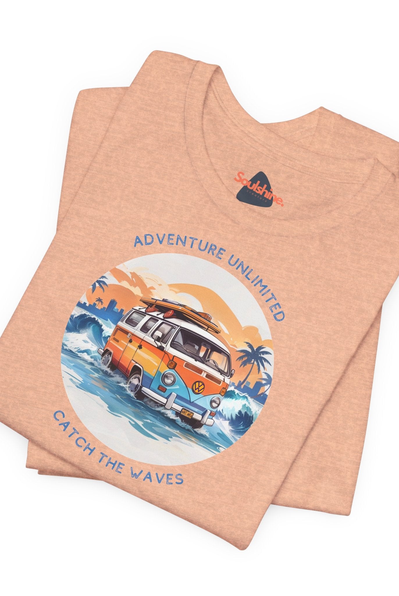 Adventure Unlimited Surfing T-Shirt featuring a van on the beach, Bella & Canvas EU direct-to-garment printed item