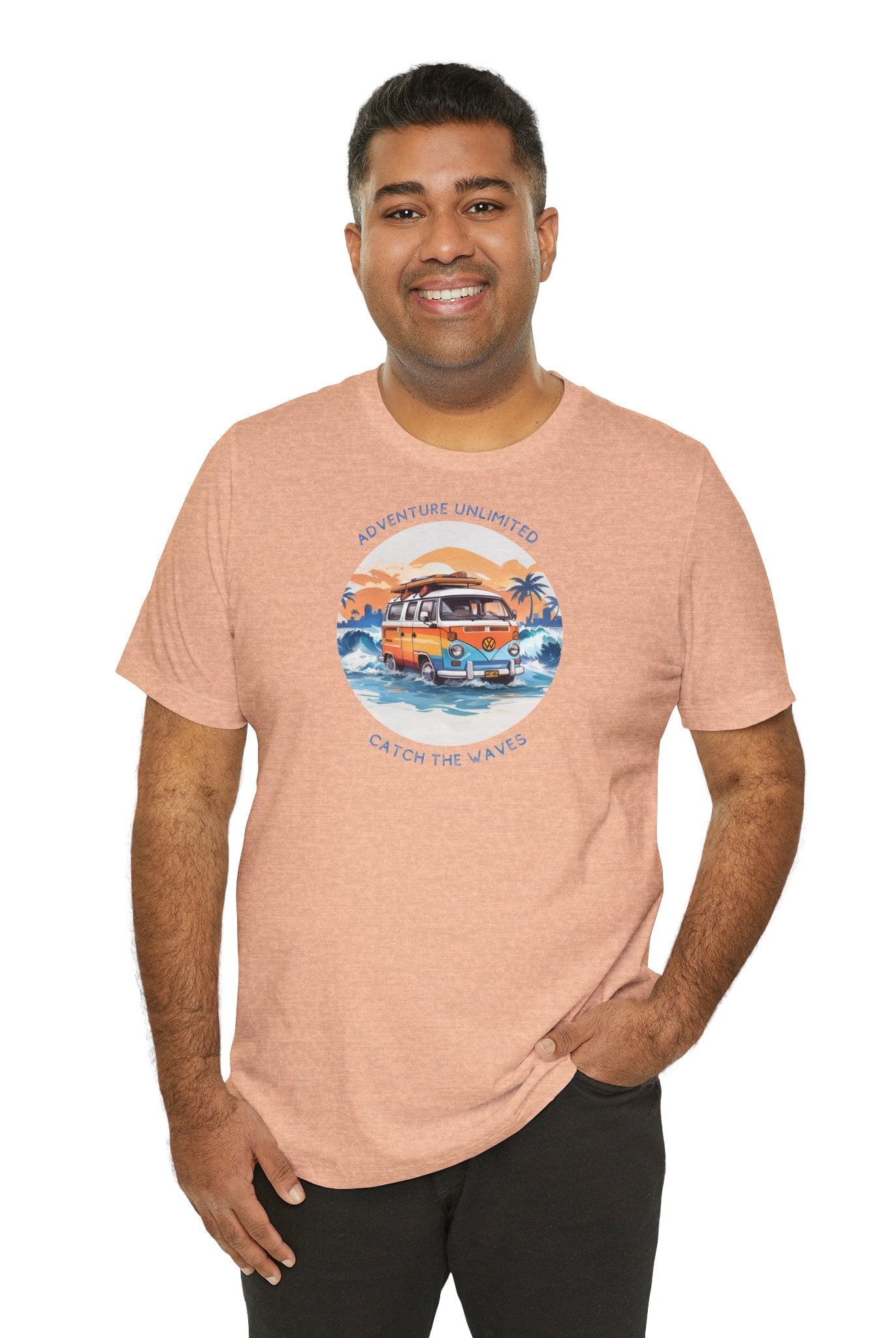 Adventure Unlimited Surfing T-Shirt with Man Wearing Pink Shirt Printed Direct-to-Garment - Soulshinecreators - EU