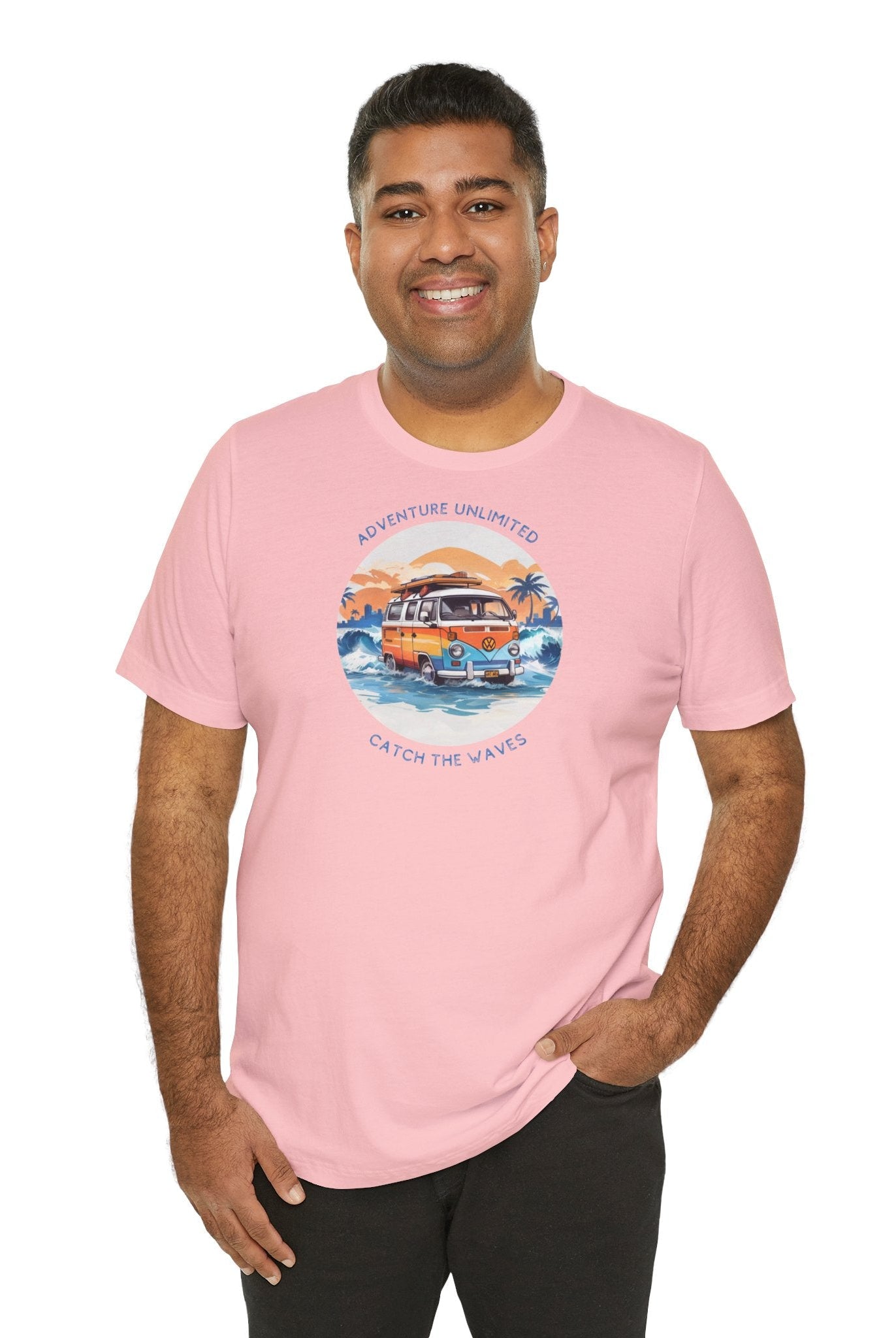 Adventure Unlimited surfing t-shirt with man wearing pink t-shirt and surfboard design, printed direct-to-garment