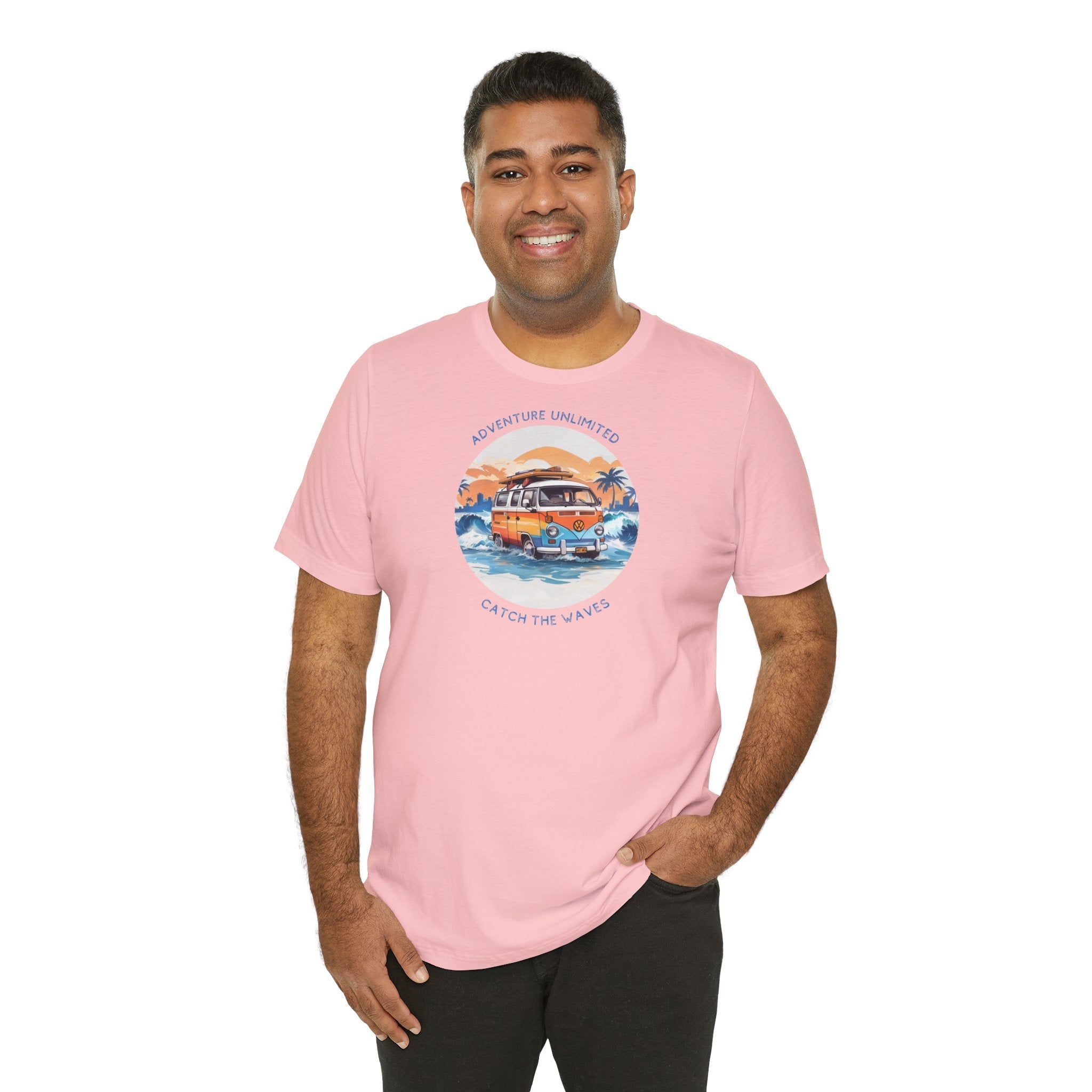 Adventure Unlimited surfing t-shirt with man wearing pink t-shirt and surfboard design, printed direct-to-garment