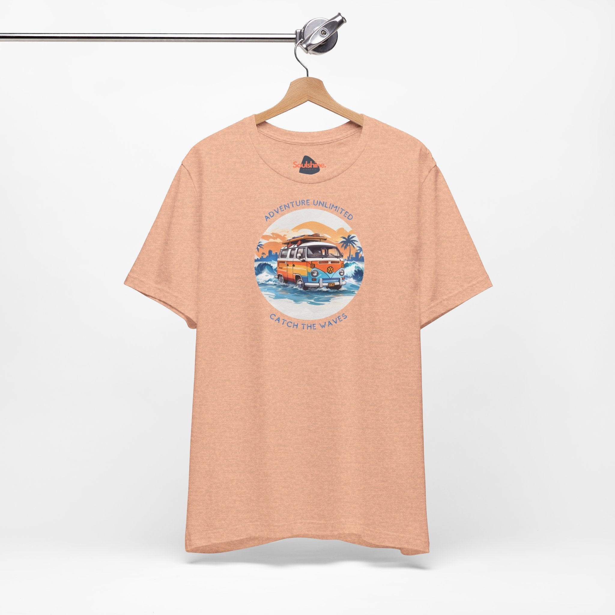 Adventure Unlimited Surfing T-Shirt with Boat and Sunset Graphic - Direct-to-Garment Printed Item by Bella & Canvas EU