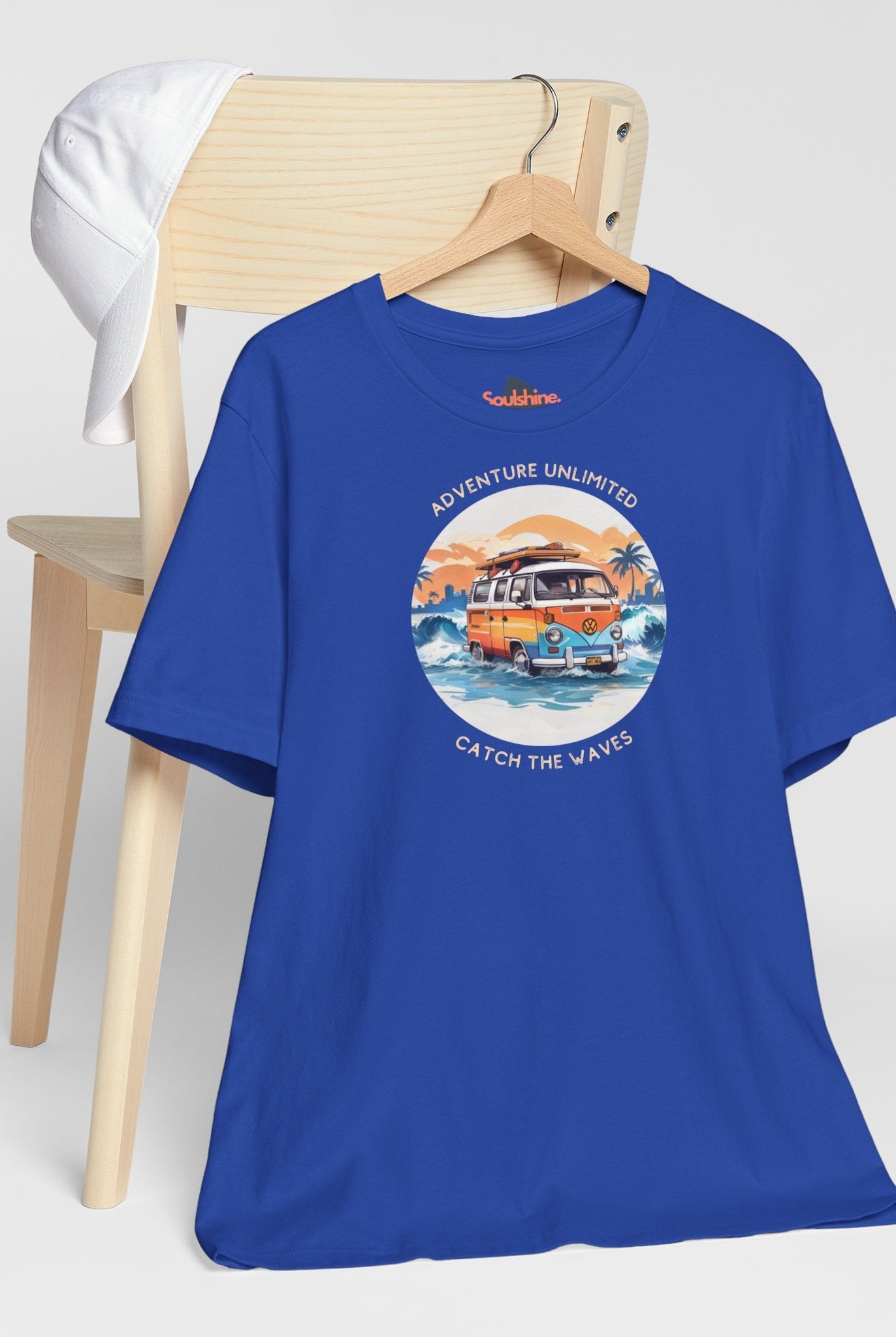 Blue van graphic printed on Adventure Unlimited Surfing T-shirt by Soulshinecreators